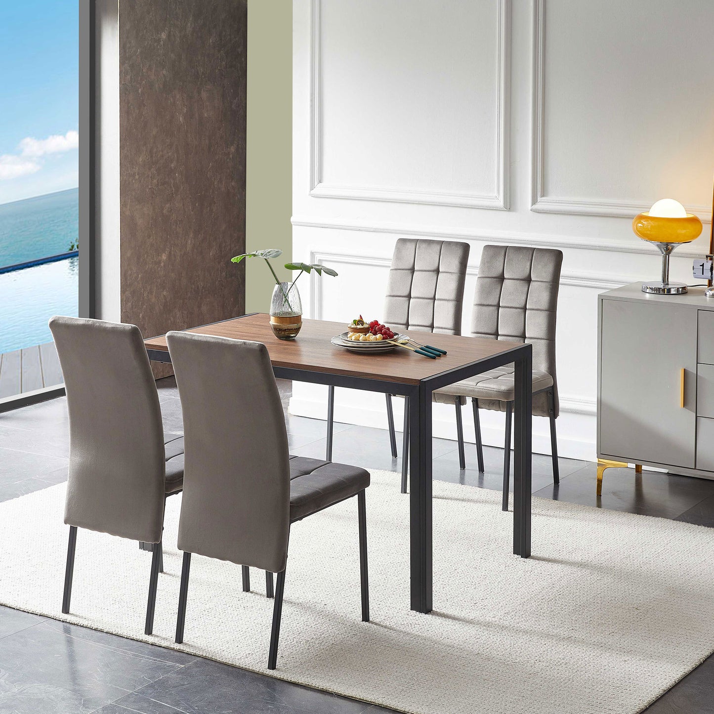 5-Piece Dining Set Including Grey Velvet High Back Nordic Dining Chair & Creative Design MDF Dining Table