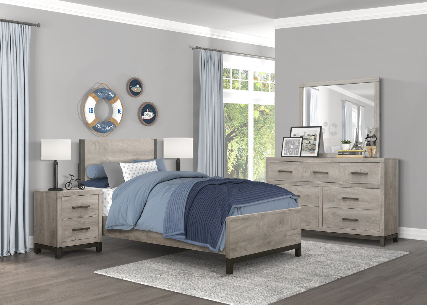 Attractive Gray Finish 1pc Nightstand of 2x Drawers Metal Bar Hardware Premium Melamine Board Wooden Bedroom Furniture