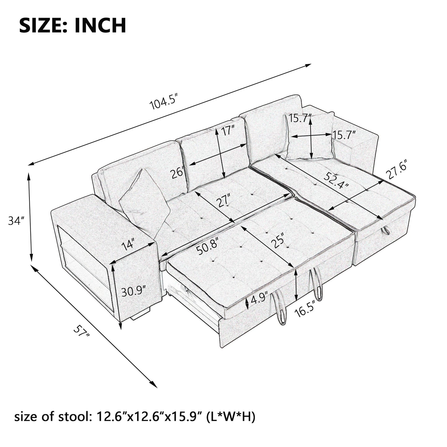 Gray L-Shape Sleeper Sectional Sofa with Storage Chaise and 2 Stools