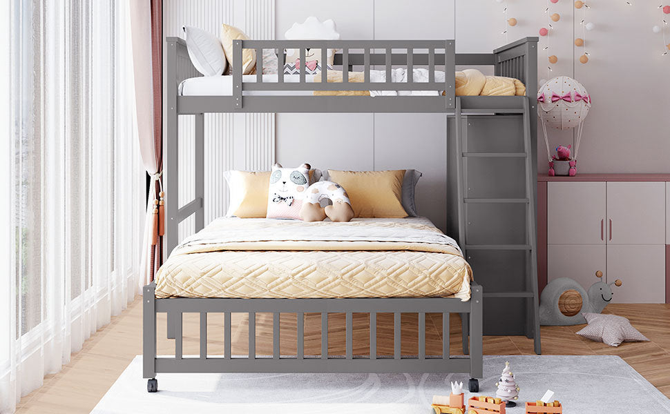 Gray Twin Over Full Bunk Bed With Storage Drawers And Wheels