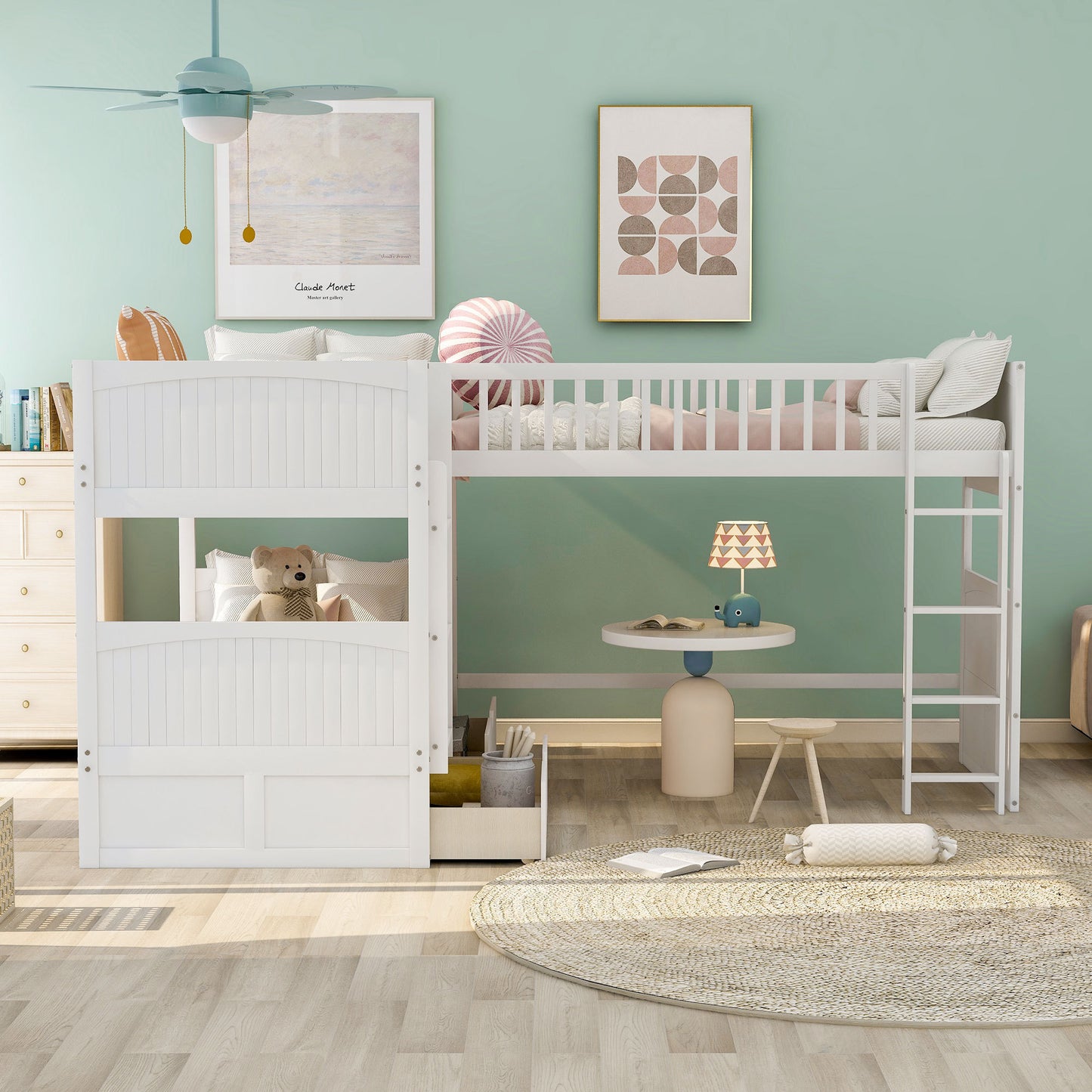 White Triple Sleeper Bunk Bed with Loft, Drawers, and Extended Sleeping Capacity