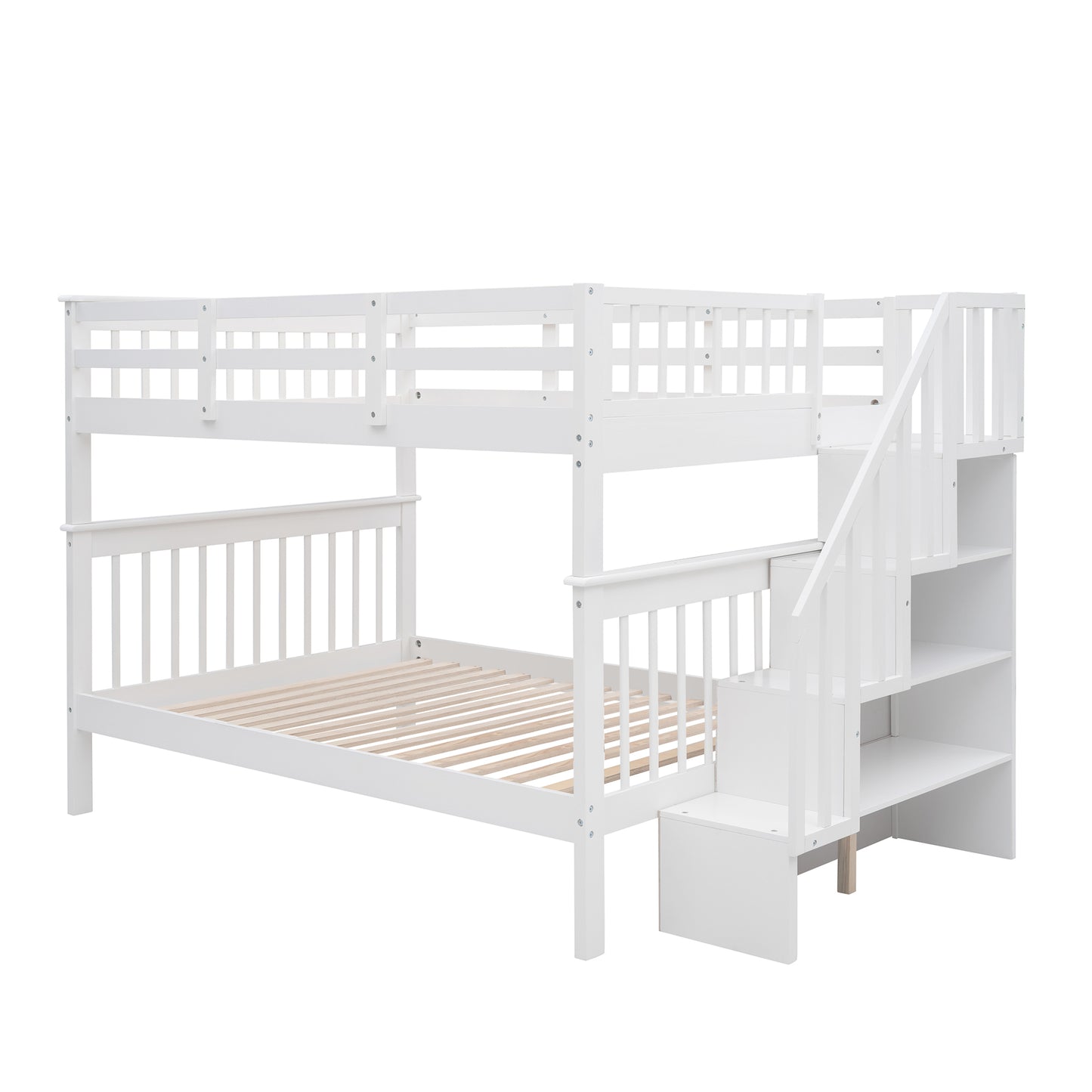 Stairway Full-Over-Full Bunk Bed with Storage, Guard Rail, and White Finish for Bedroom or Dorm with Ultimate Storage and Safety Features