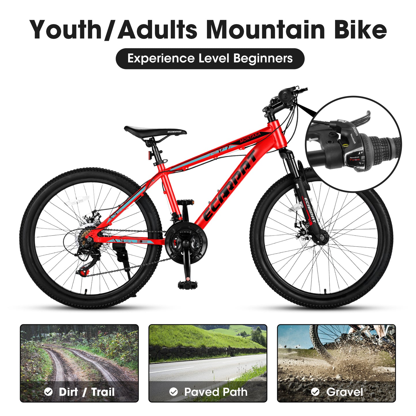 A24299 Rycheer Elecony 24 inch Mountain Bike Bicycle for Adults Aluminium Frame Bike Shimano 21-Speed with Disc Brake