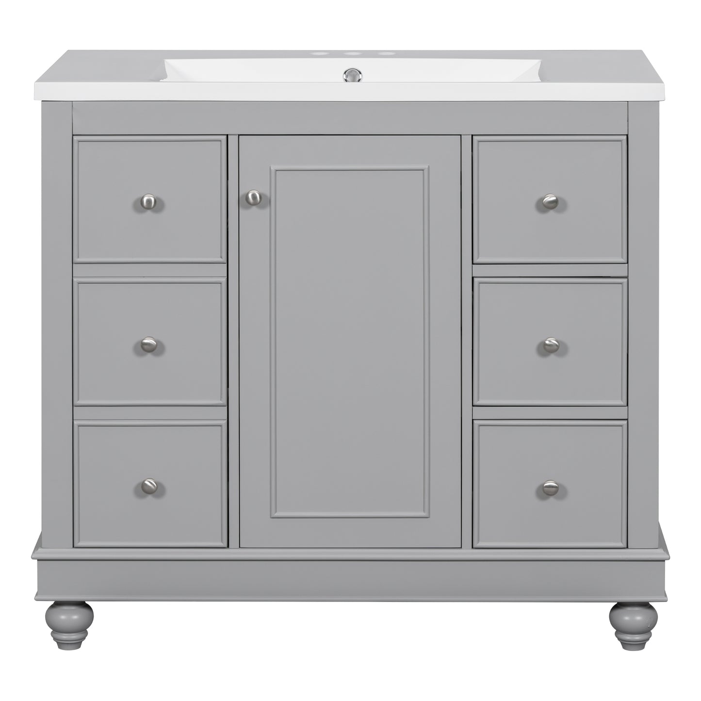 Contemporary Gray Bathroom Vanity Cabinet - 36x18x34 inches, 4 Drawers & 1 Cabinet Door, Multipurpose Storage, Resin Integrated Sink, Adjustable Shelves, Solid Wood Frame with MDF