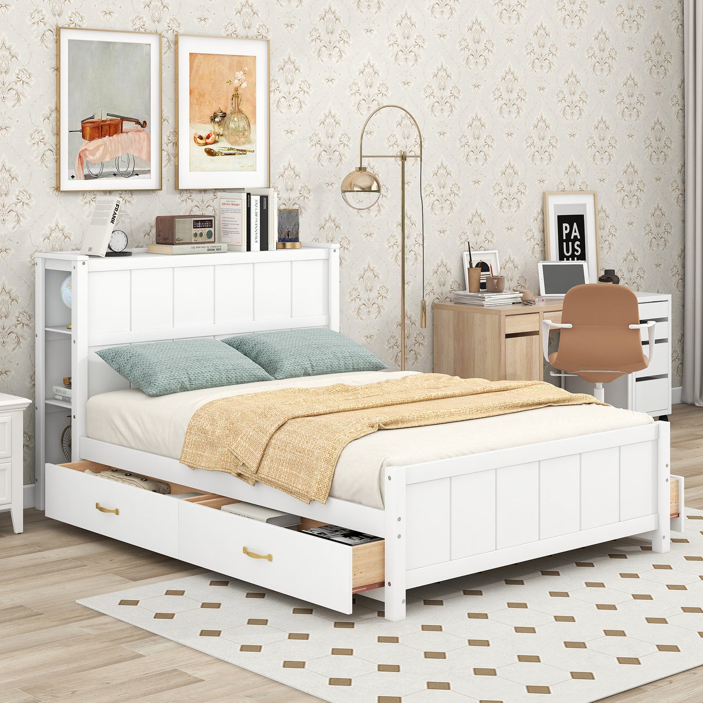 Full Size Platform Bed with Drawers and Storage Shelves, White