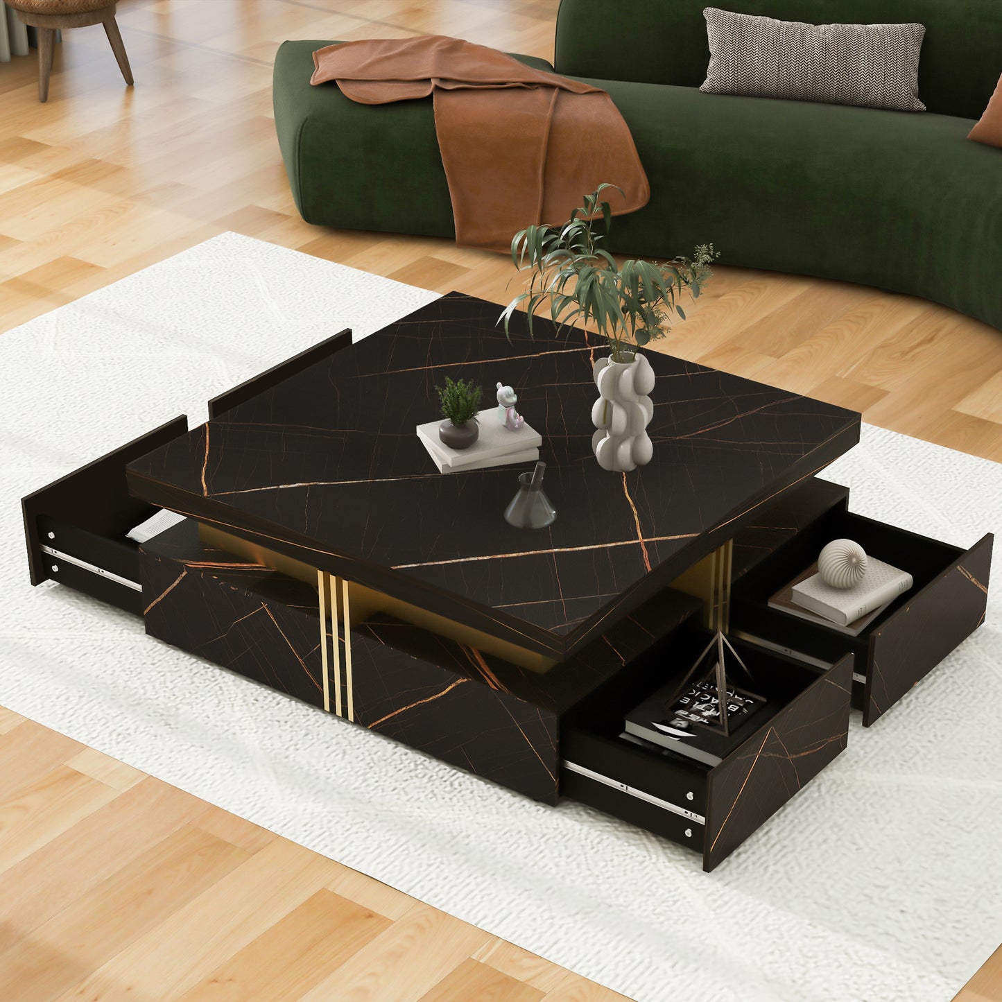 Contemporary Square Black Coffee Table with Gold Accents and Storage Drawers