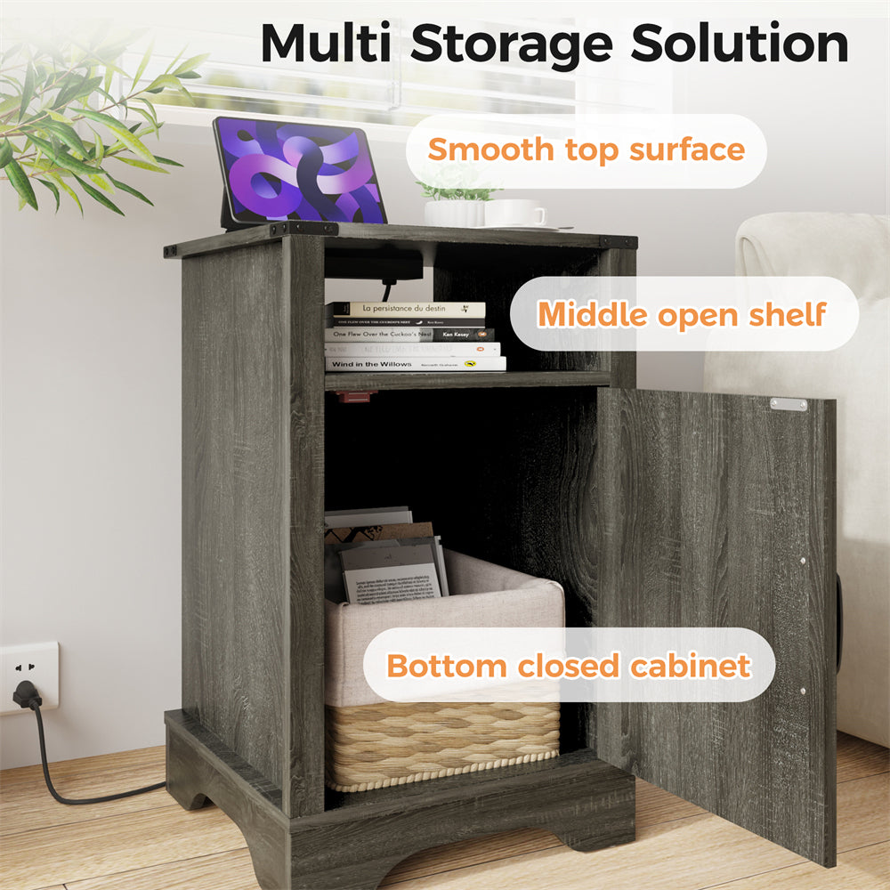 Modern Dark Grey Wood Tall Cabinet Small Nightstand Bed Side Table With Charging Station Living Room