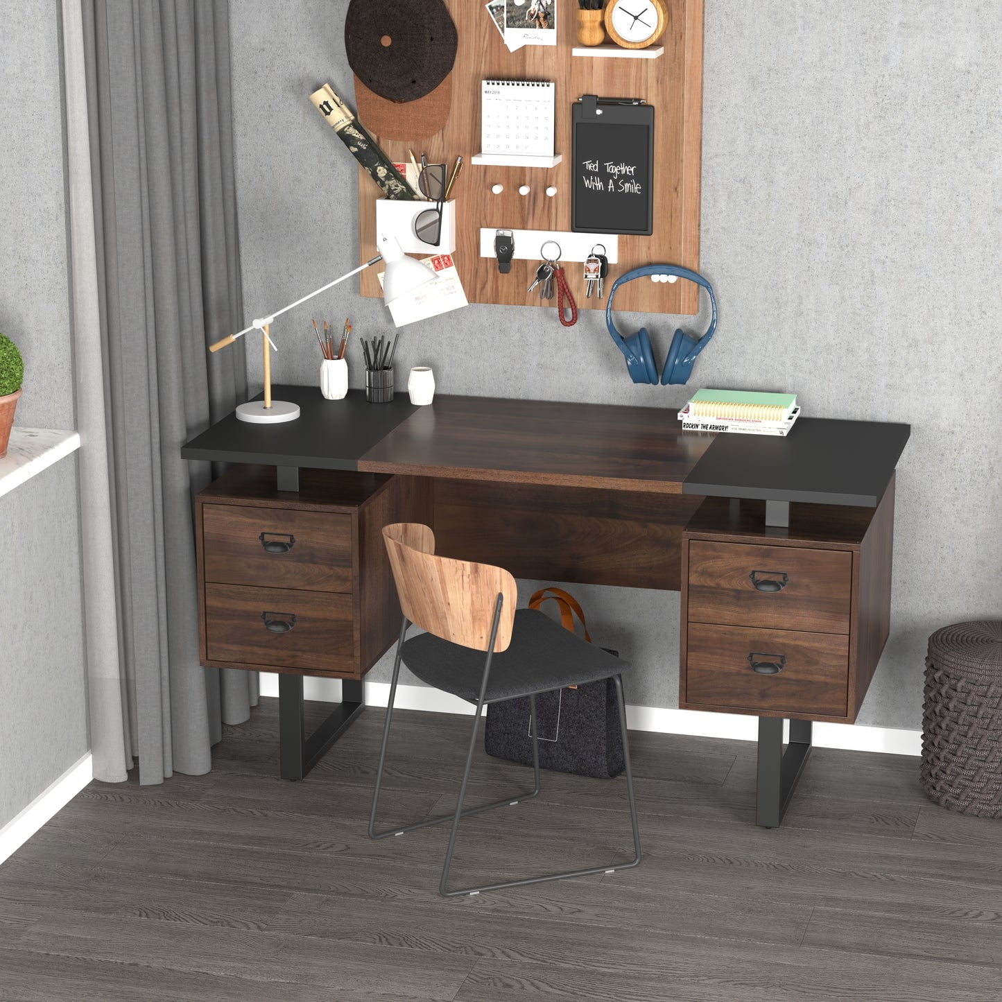 Rustic Brown Solid Wood Computer Desk with 4 Drawers