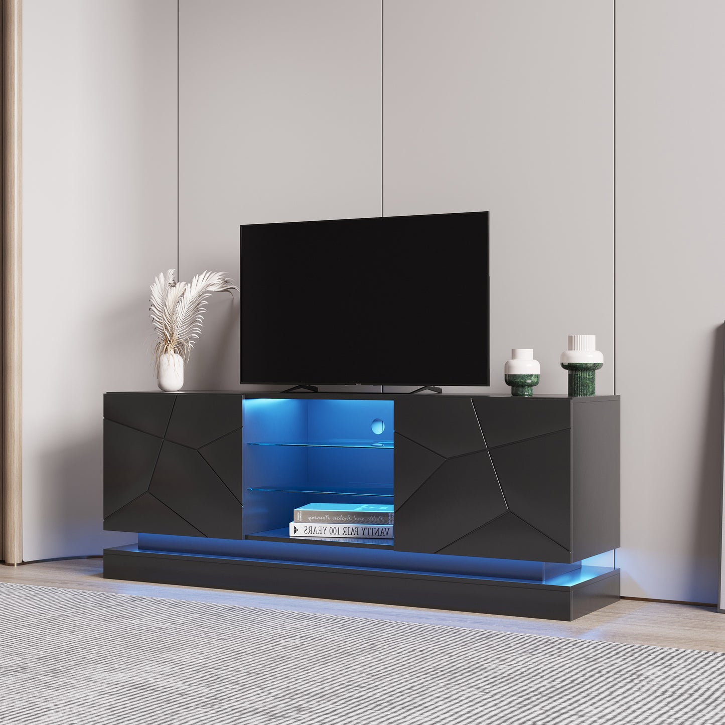 Sleek Black TV Stand with Color Changing LED Lights and Universal Entertainment Center