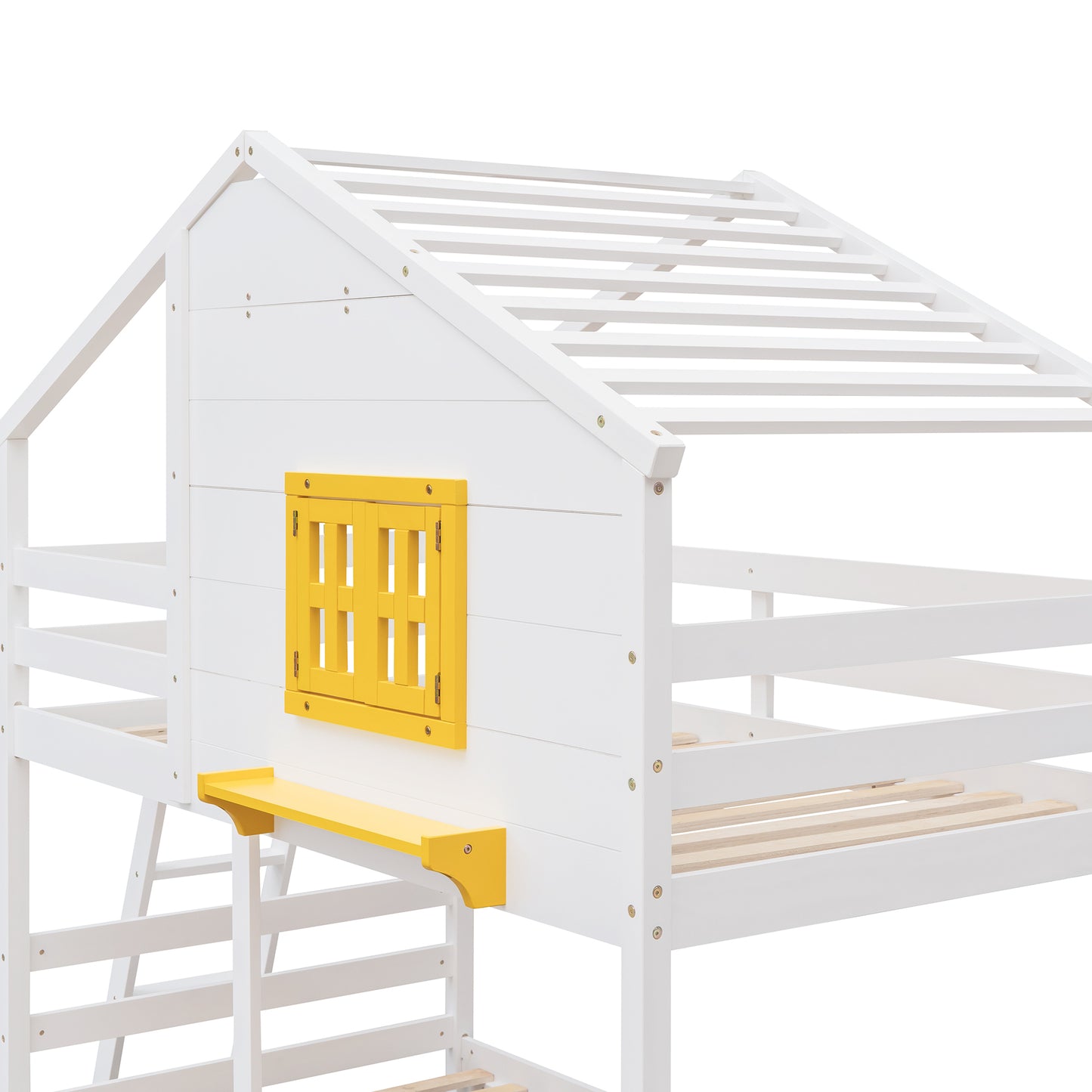 White Playhouse-Inspired Twin Bunk Bed with Storage and Roof