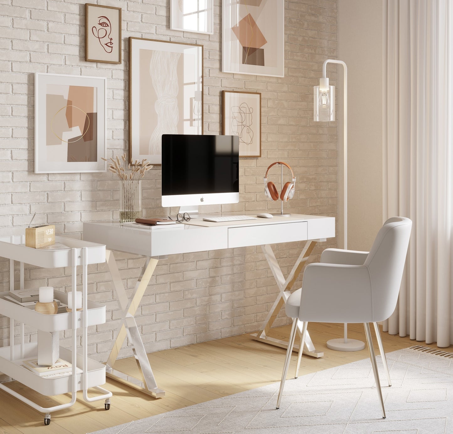 LumiSource Modern White Desk with Chrome X-Base