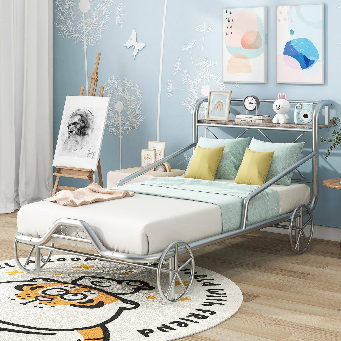 Twin Size Metal Car Bed with Four Wheels, Guardrails and  X-Shaped Frame Shelf, Silver(: MF297599AAN)