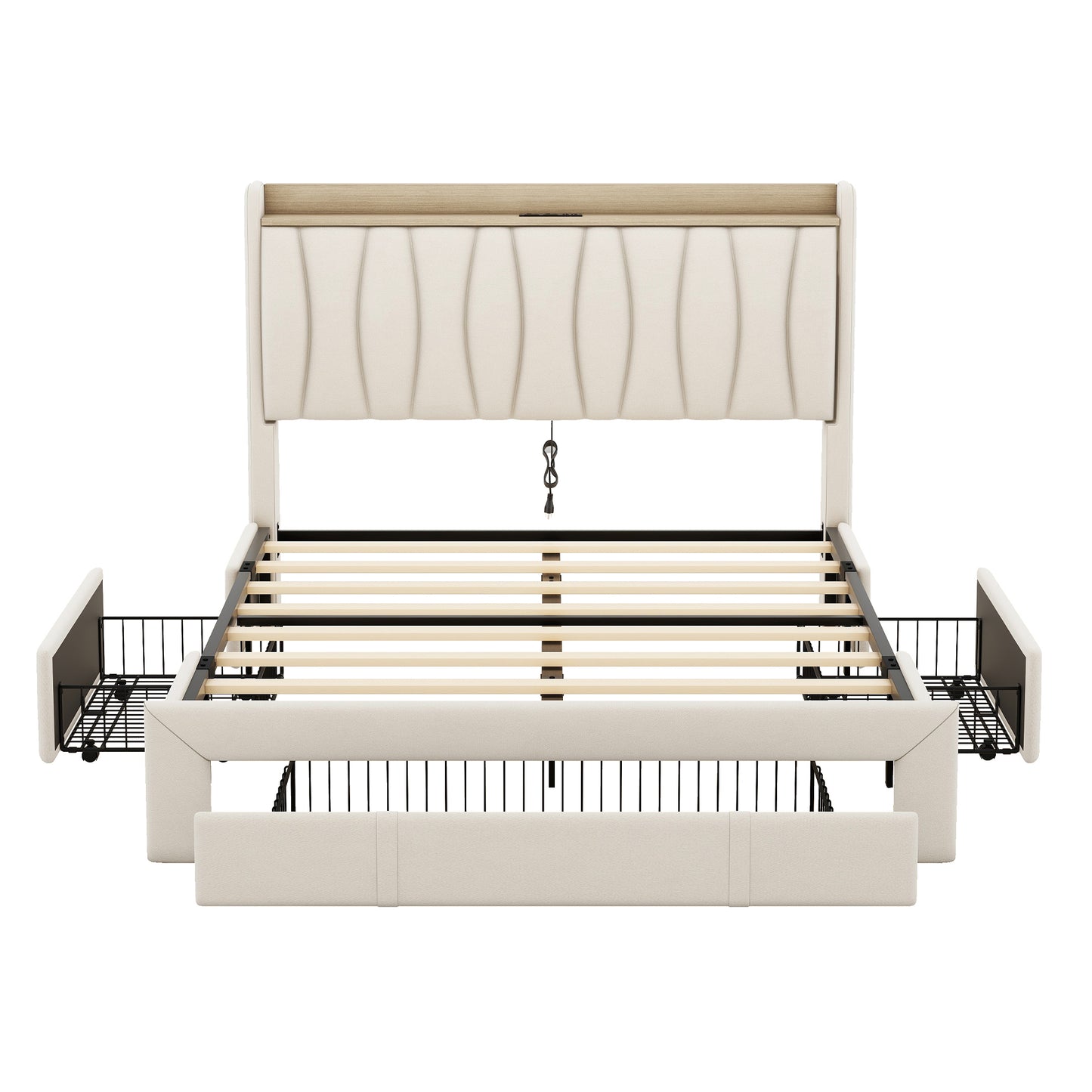 Queen Size Bed Frame with Storage Headboard and Charging Station, Upholstered Platform Bed with 3 Drawers, No Box Spring Needed, Beige