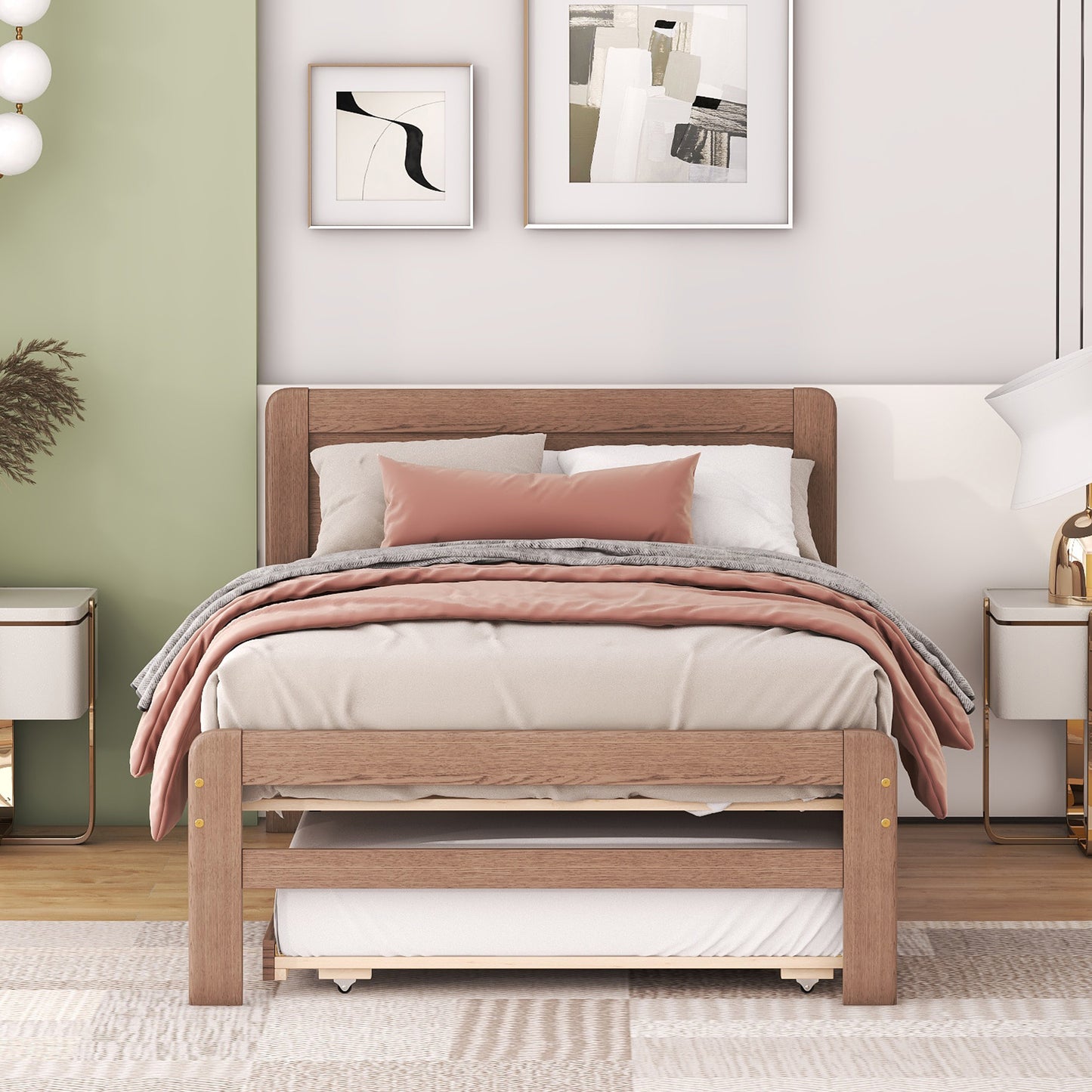 Modern Design Wooden Twin Size Platform Bed Frame with Trundle for Walnut Color