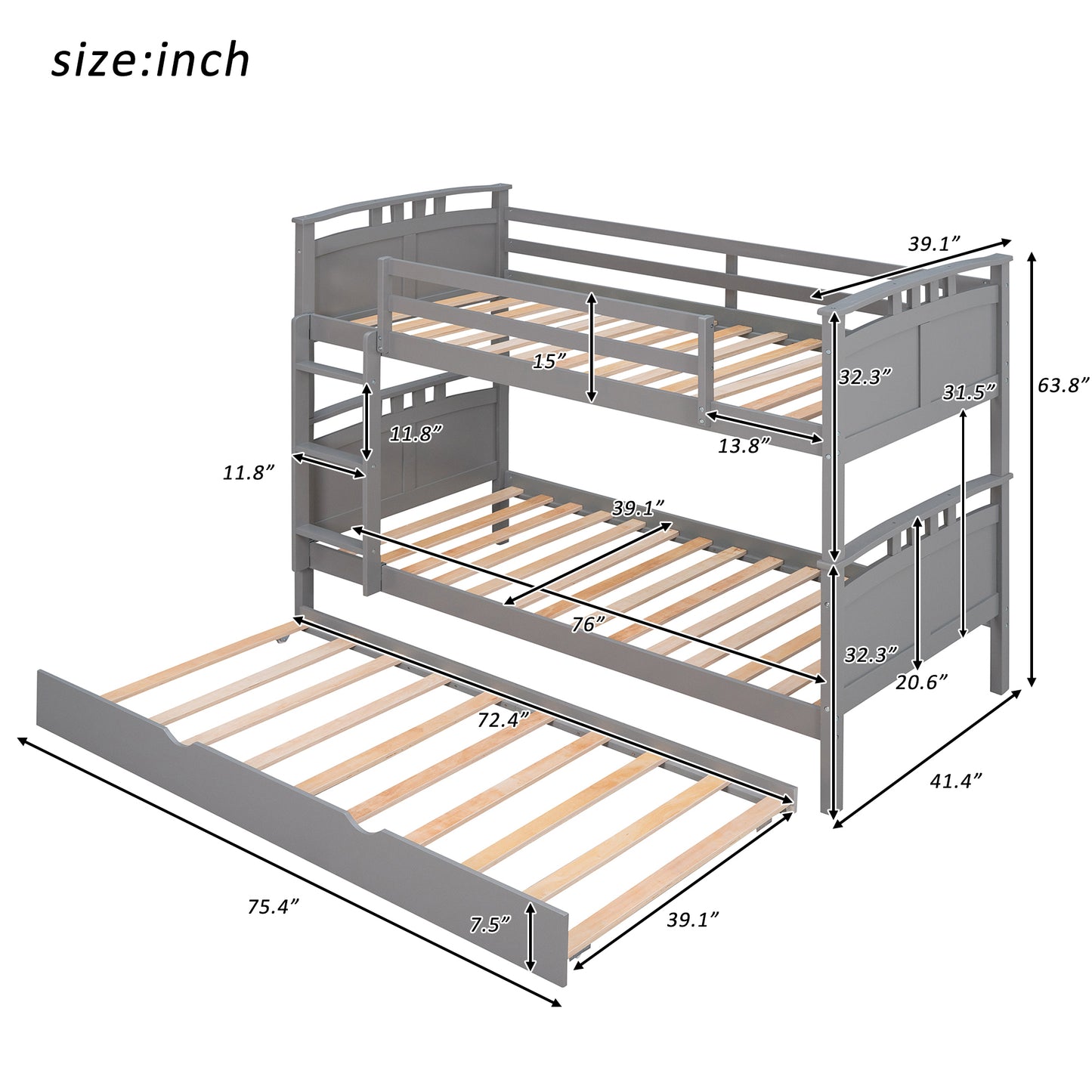 Separable Twin Over Twin Bunk Bed Set with Trundle - Charcoal Gray