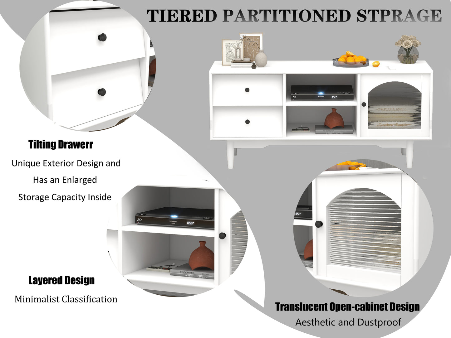 White TV Stand with Drawers, Shelves, and Glass Cabinet for Living Room Storage