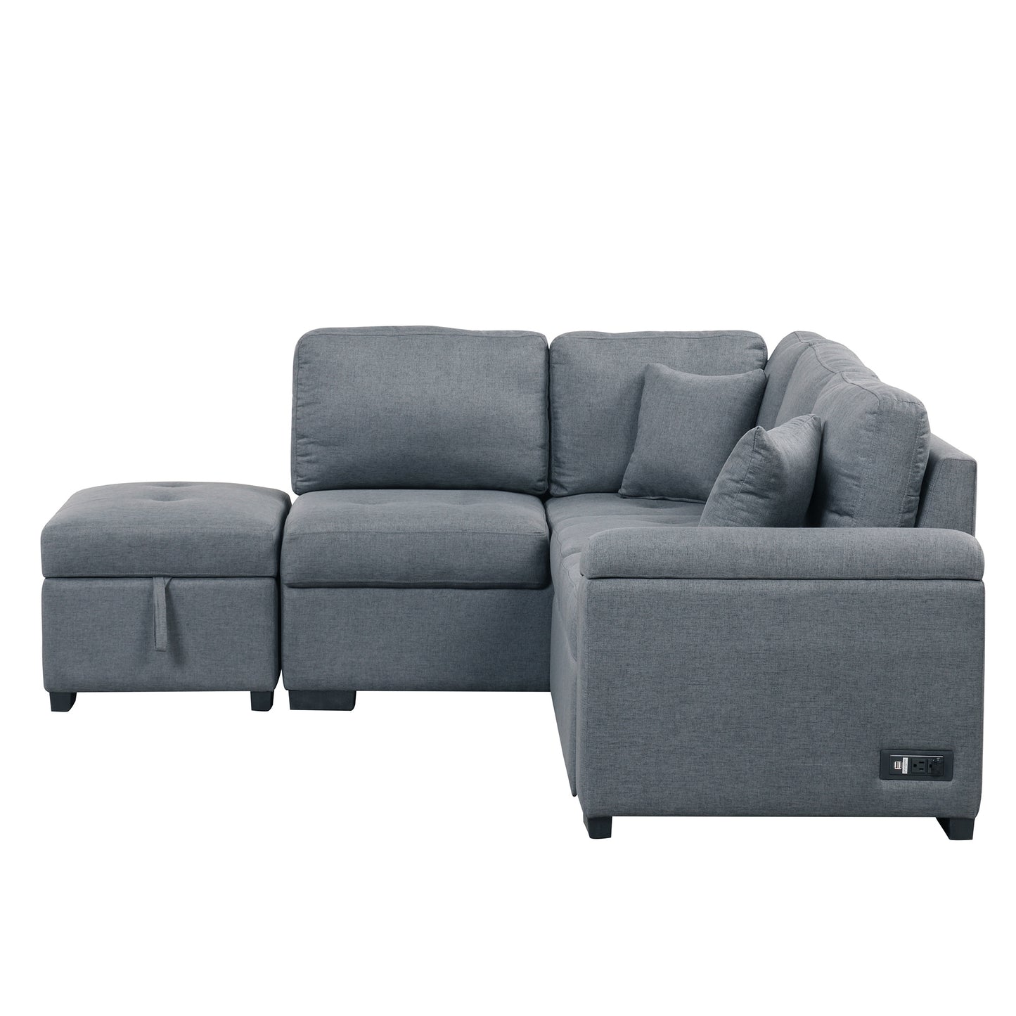 L-Shaped Sleeper Sectional Sofa with Ottoman and USB Charge, Dark Gray