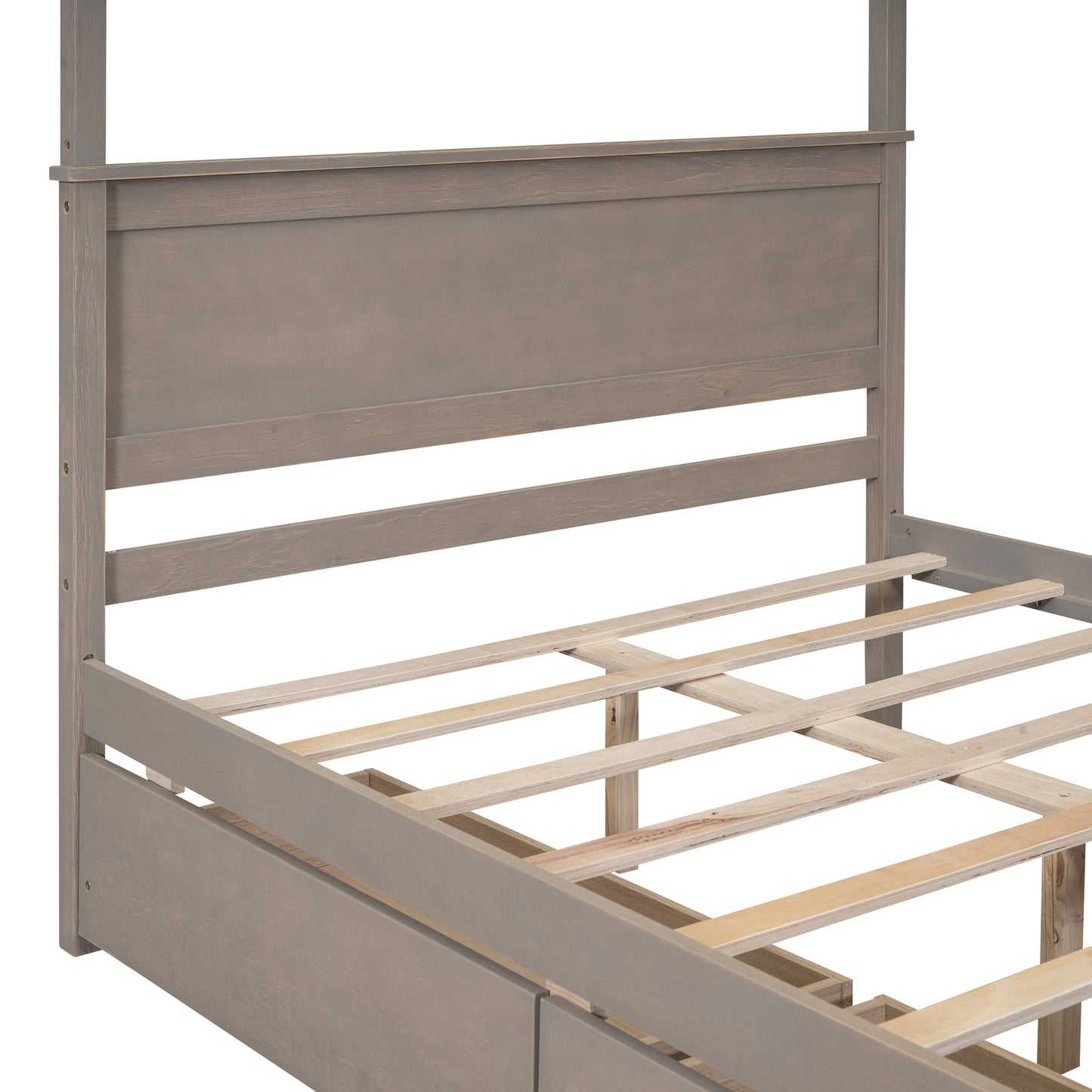 Wood Canopy Bed with two Drawers, Full Size Canopy Platform bed With Support Slats .No Box Spring Needed, Brushed Light Brown