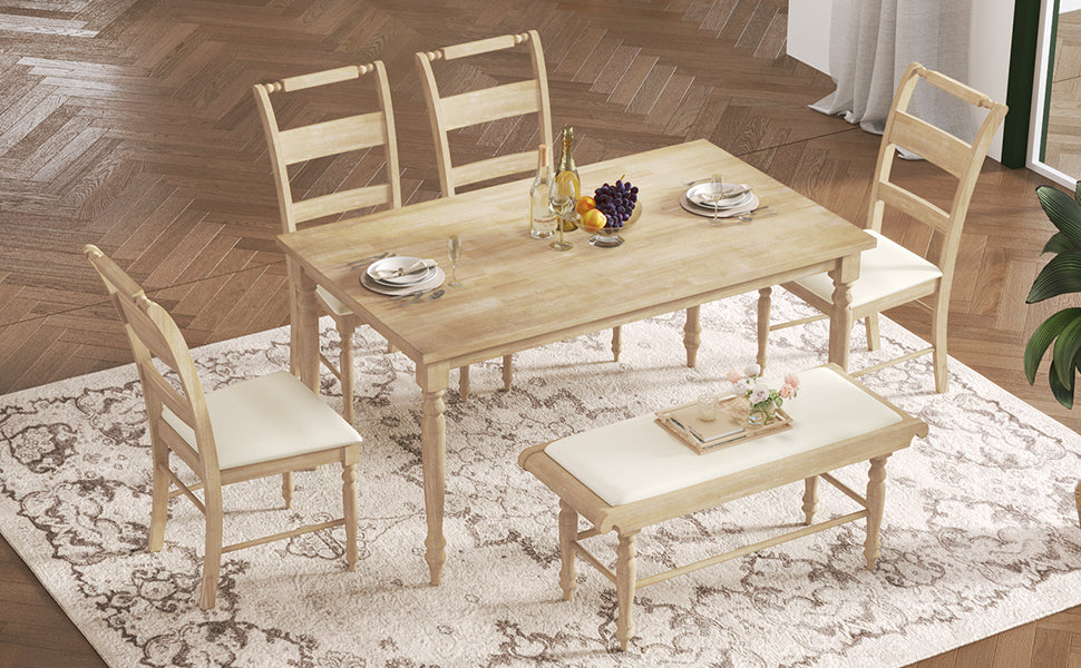 6-peice Dining Set with Turned Legs, Kitchen Table Set with Upholstered Dining Chairs and Bench,Retro Style, Natural