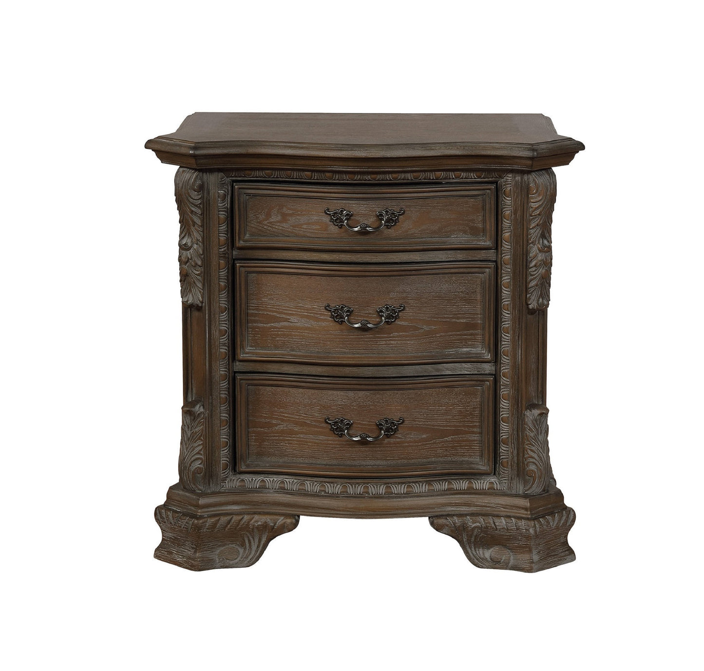 Traditional Nightstand End Table with Three Storage Drawers Grey Decorative Drawer Pulls 1pc Solid Wood Wooden Furniture