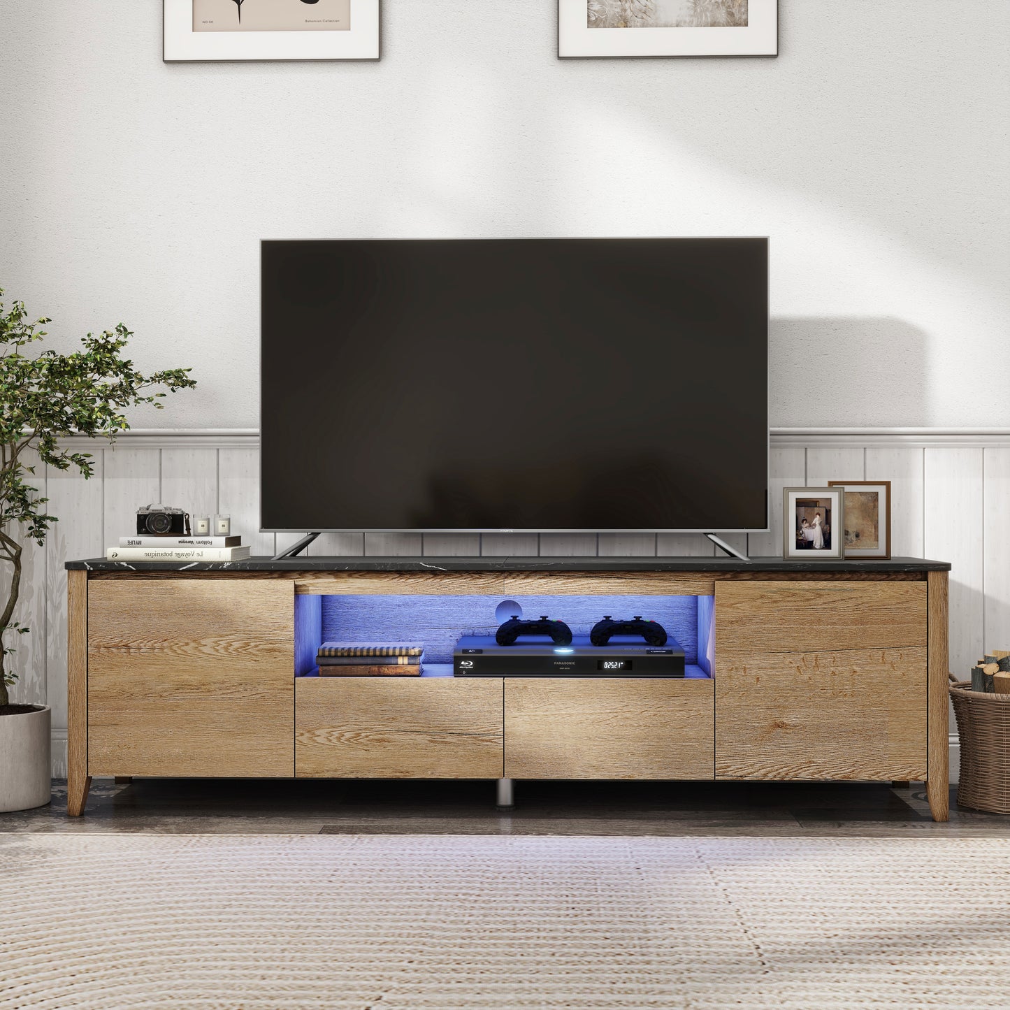 Sleek 70 TV Stand with LED Lights and Storage for 80 TVs