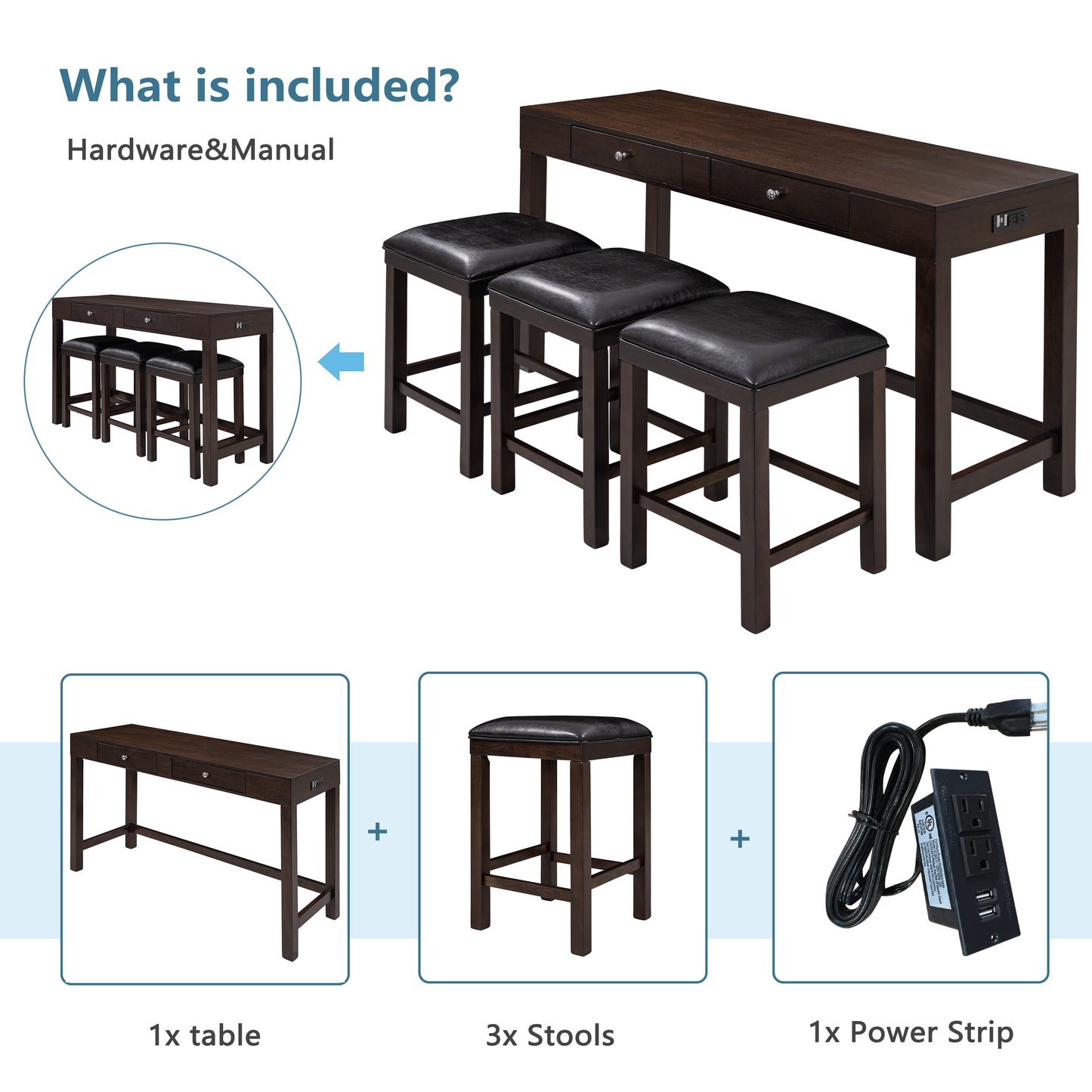 4-Piece Counter Height Table Set with Socket and Leather Padded Stools, Espresso