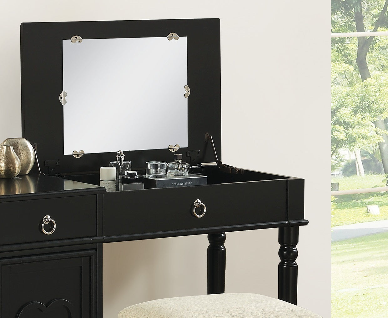 Bedroom Vanity Set w Stool Open Up Mirror Storage Space Drawers Rubber wood Ring Pull Handles Black Color Vanity