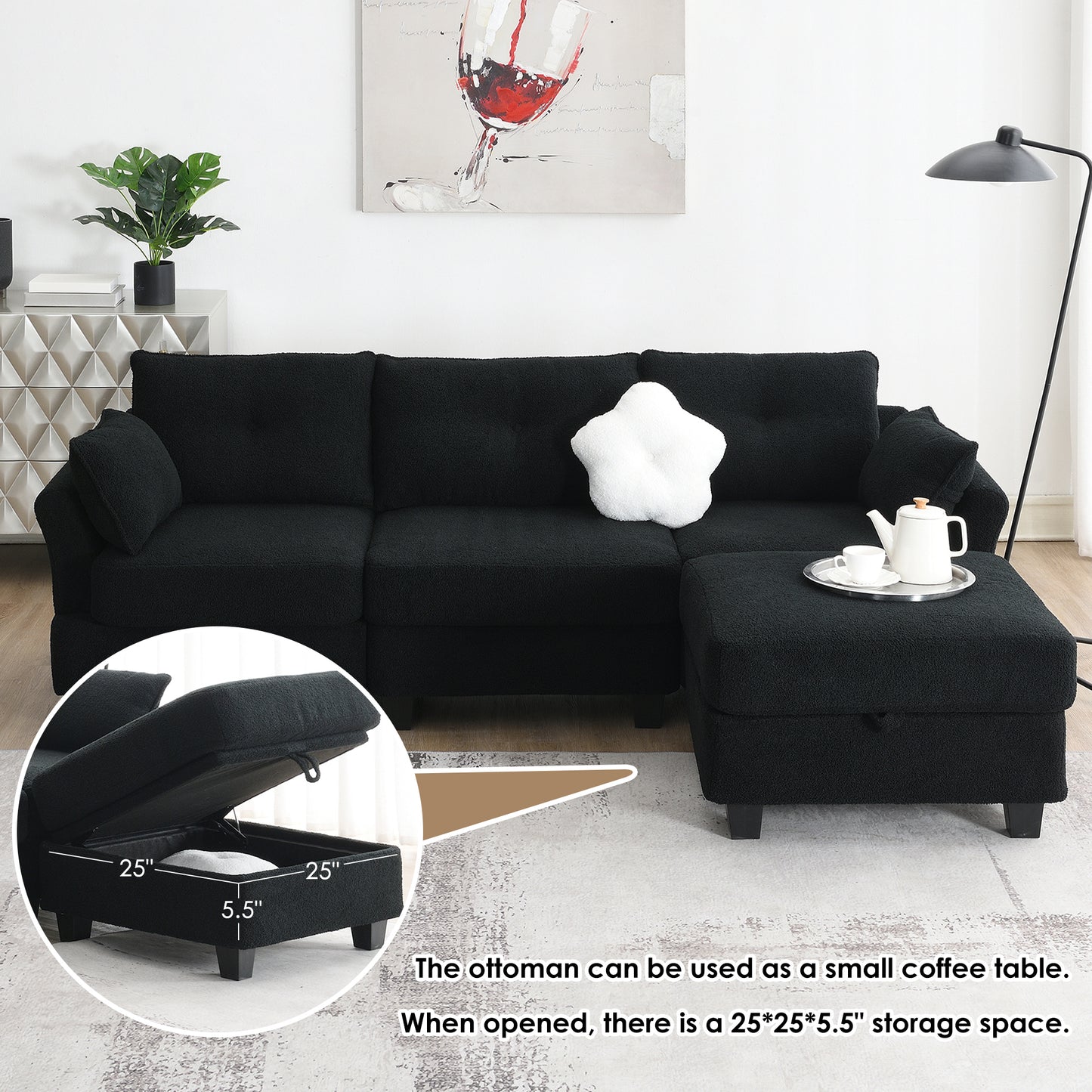 Modern Teddy Velvet Sectional Sofa with Charging Ports and Storage Ottoman - 4 Seat L-shaped Couch