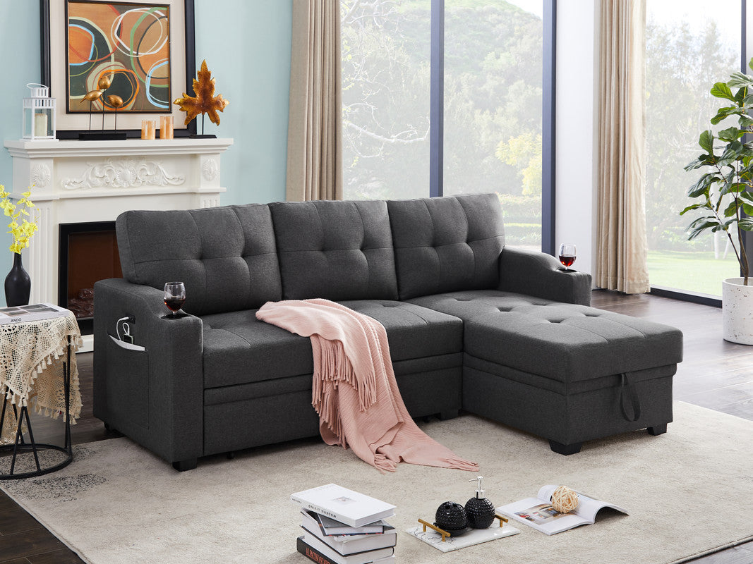 Mabel Dark Grey Linen Fabric Sleeper Sectional with Cupholder, USB Charging Port, and Storage Pocket