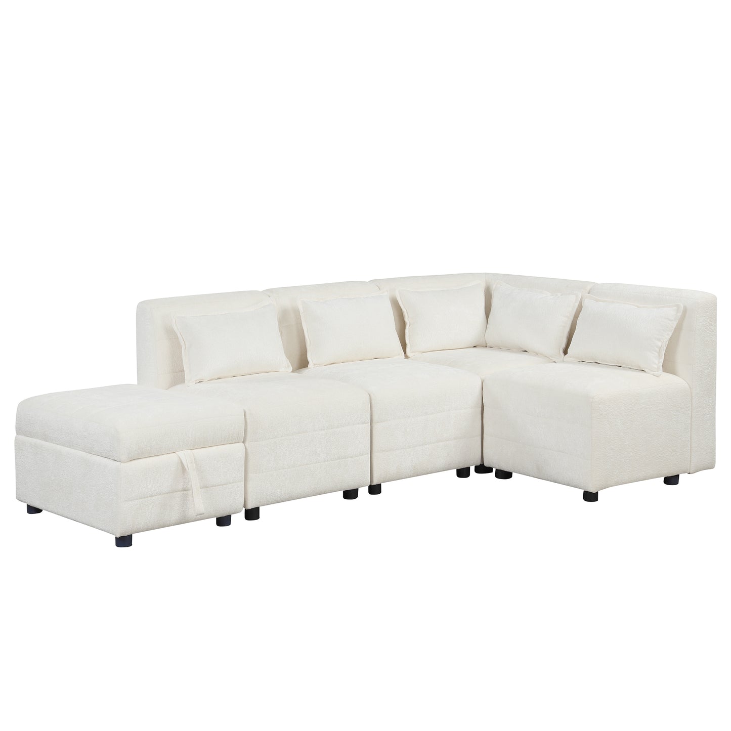 Cream 5-Seater Modular Sectional Sofa with Storage Ottoman and 5 Pillows