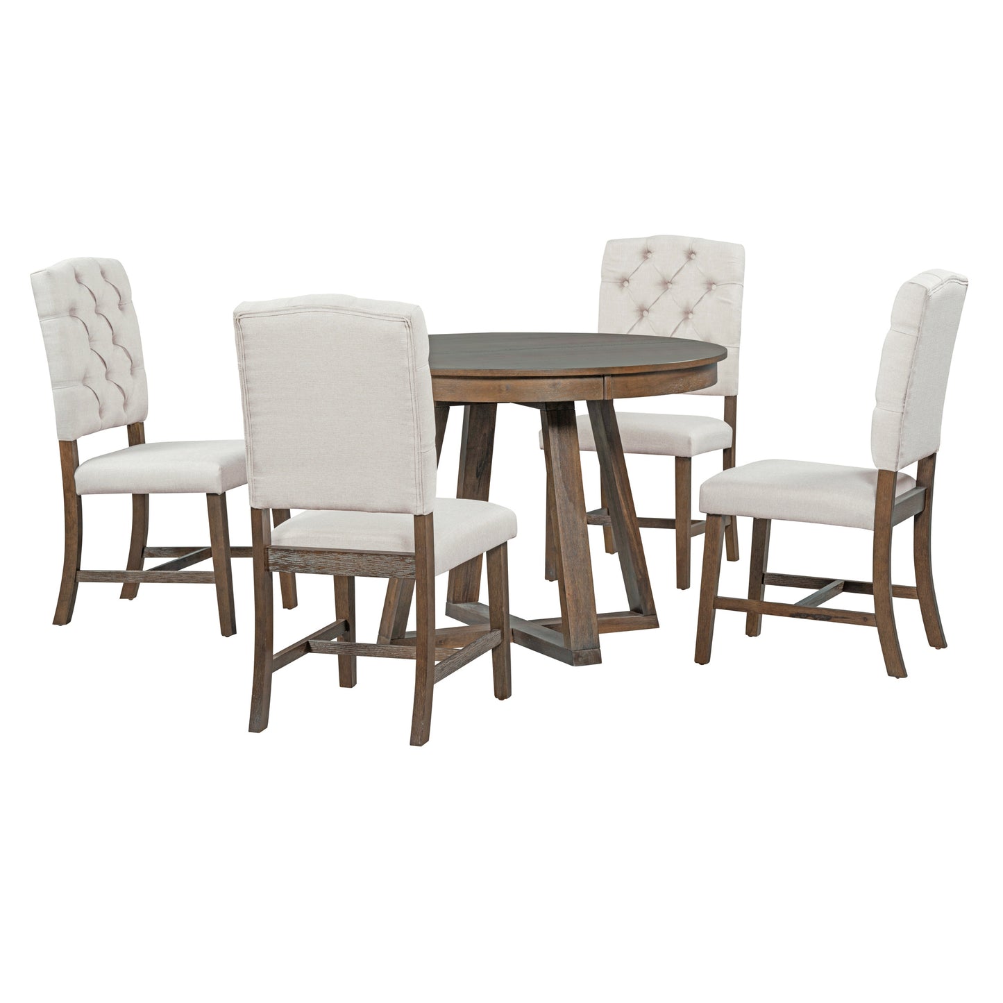 TREXM 5-Piece Retro Functional Dining Set, Round Table with a 16"W Leaf and 4 Upholstered Chairs for Dining Room and Living Room (Walnut)