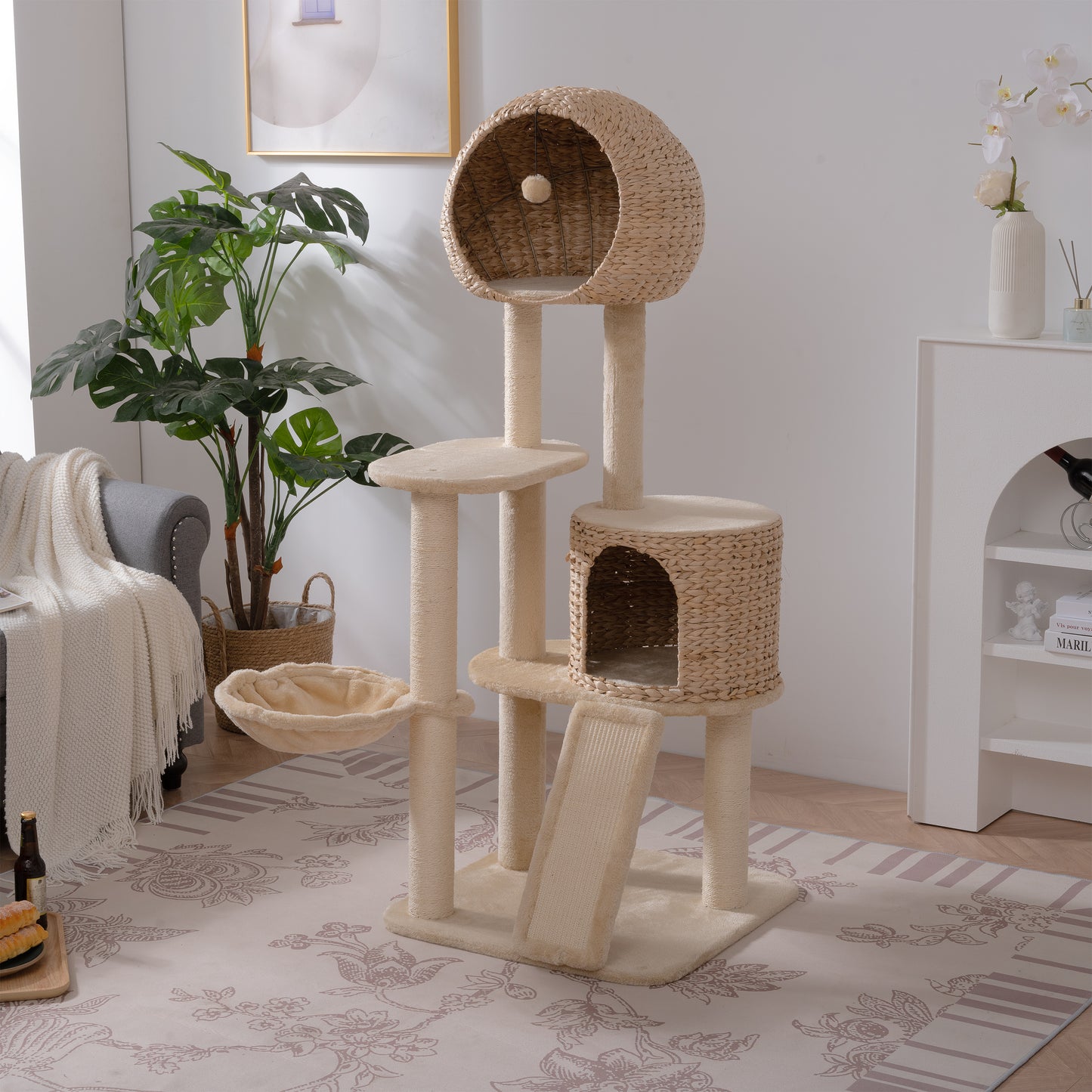 Cat Tree, 59-Inch Cat Tower for Indoor Cats, Plush Multi-Level Cat Condo with 2 Perches, 2 Caves, Cozy Basket and Scratching Board, Beige