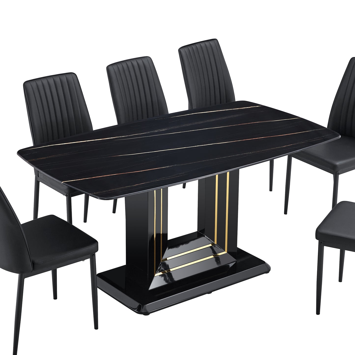 7-Piece Faux Marble Dining Table Set, Glass Rectangular Kitchen Table for 6-8, Modern Black Faux Marble Dining Room Table with MDF Base, Dining Table & 6 Chairs