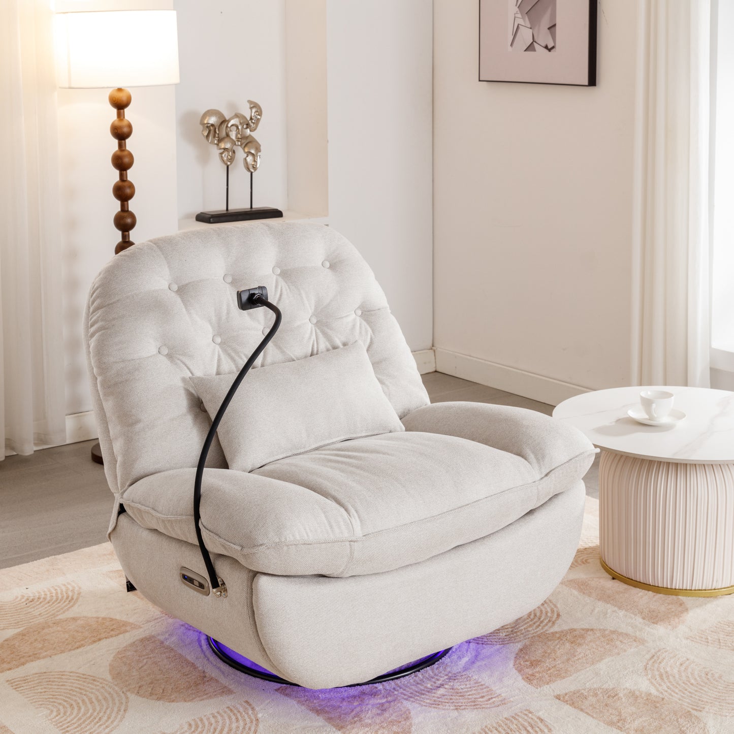 Smart Beige Power Recliner with Swivel, Voice Control, Bluetooth, USB Ports, Atmosphere Lamp, and Mobile Phone Holder