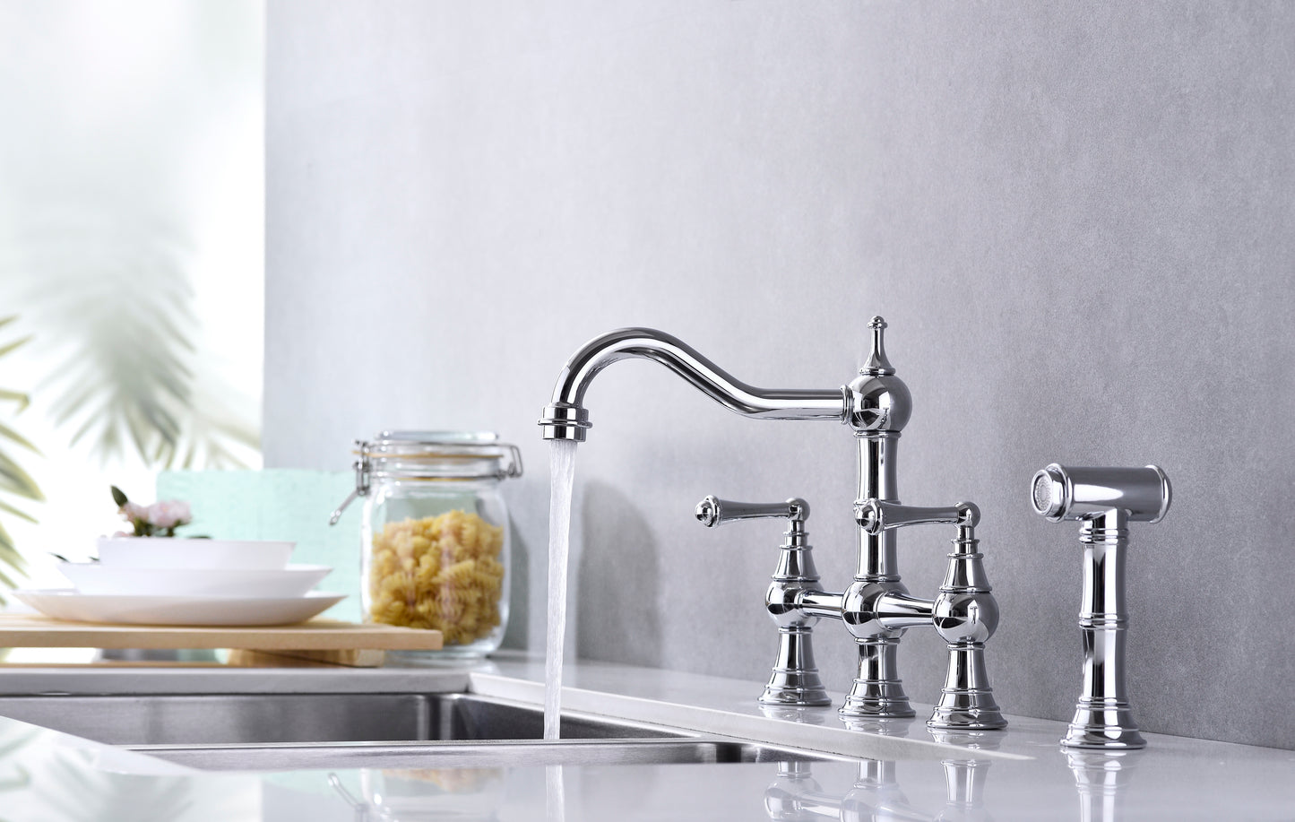 Bridge Dual Handles Kitchen Faucet With Pull-Out Side Spray in