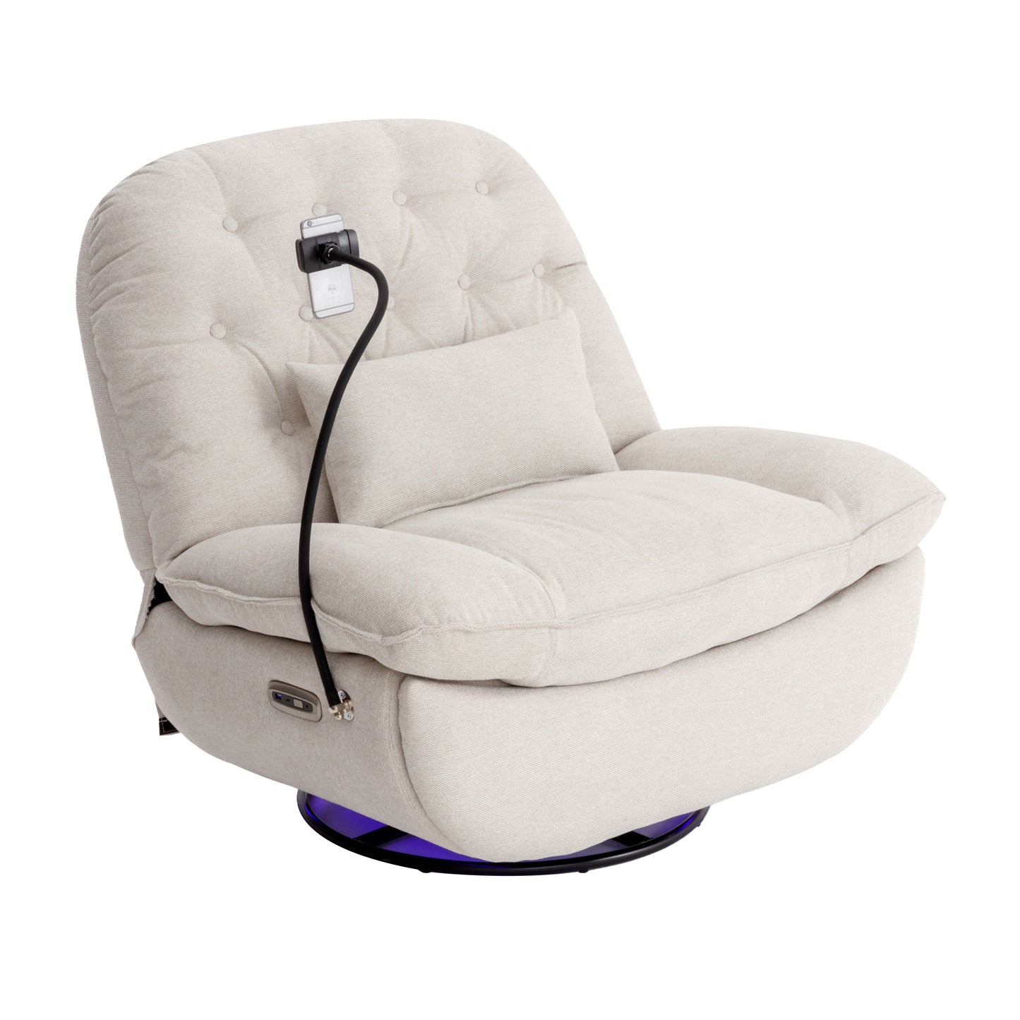 Smart Beige Power Recliner with Swivel, Voice Control, Bluetooth, USB Ports, Atmosphere Lamp, and Mobile Phone Holder