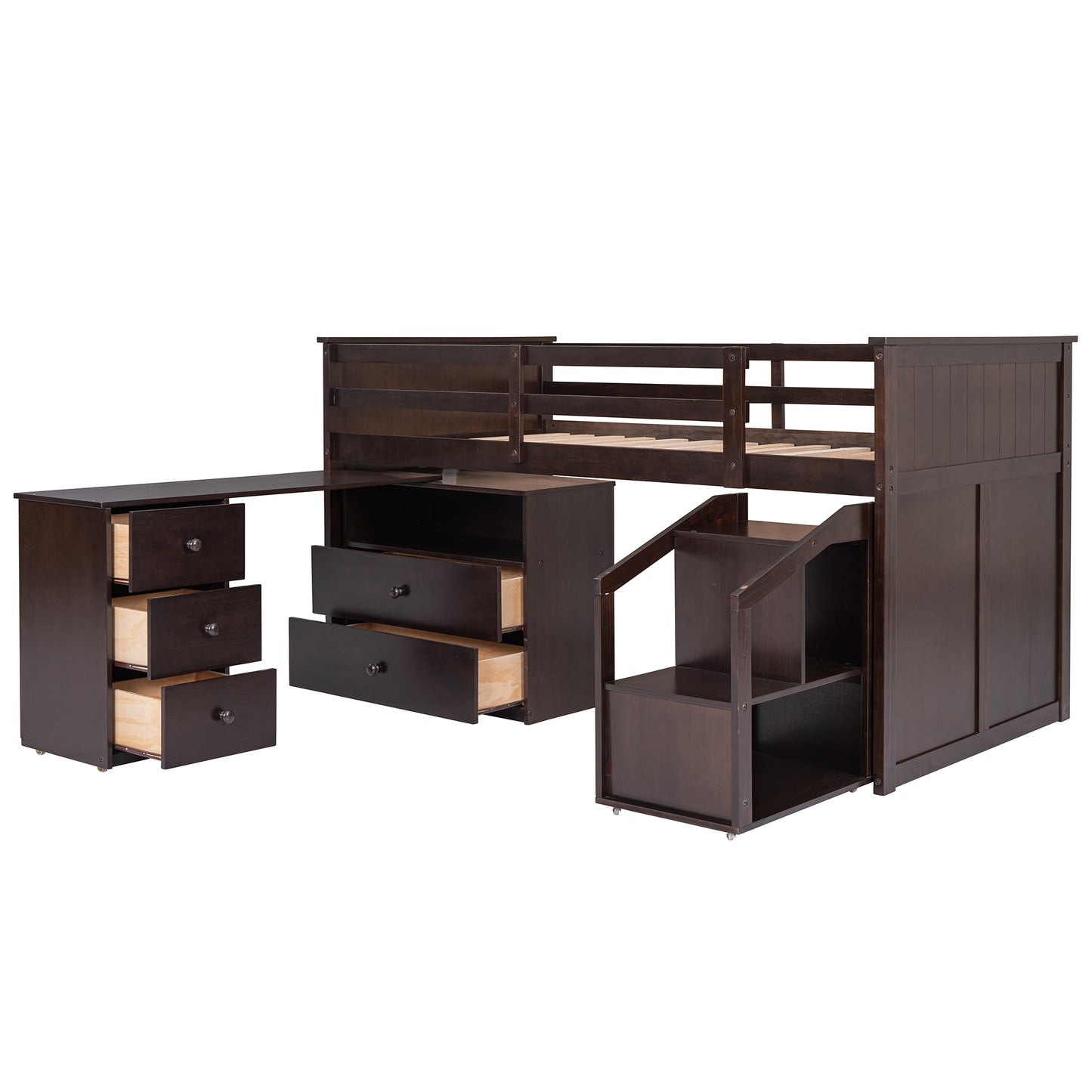 Loft Bed Low Study Twin Size Loft Bed With Storage Steps and Portable,Desk,Espresso(: LT000101AAP)