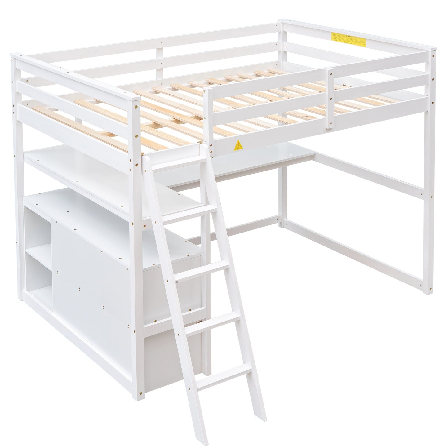 Full Size Loft Bed with Desk and Shelves,Two Built-in Drawers,White