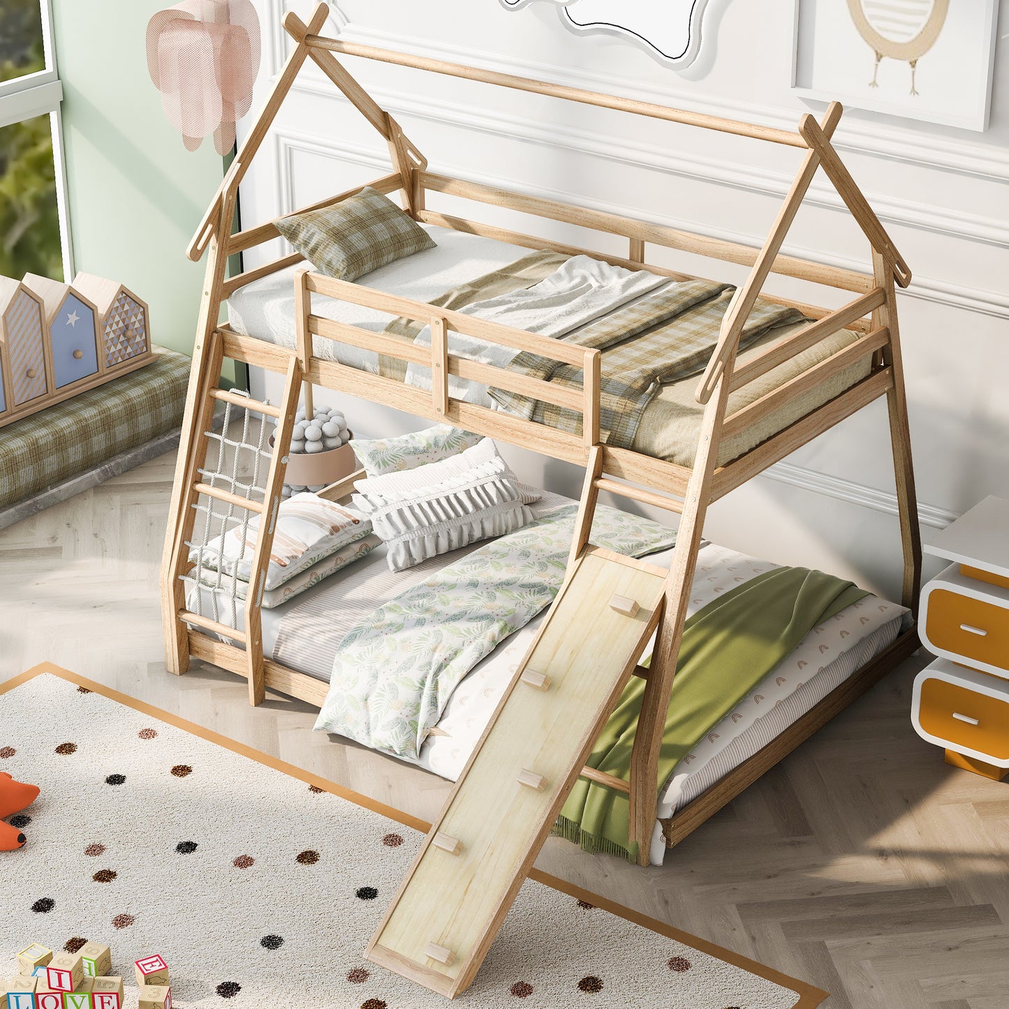 House Bunk Bed with Climbing Nets and Climbing Ramp for Twin and Queen Size, Natural