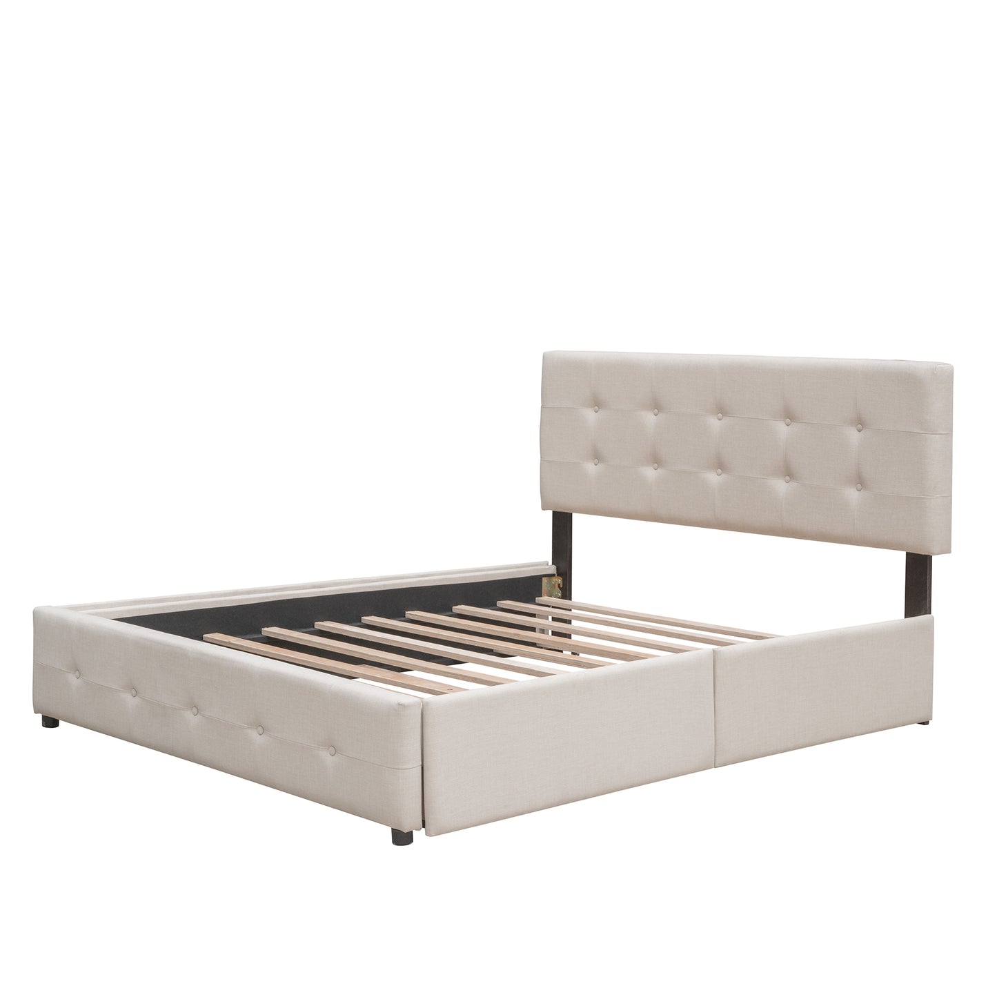 Upholstered Platform Bed with 2 Drawers and 1 Twin XL Trundle,  Linen Fabric, Queen Size - Dark Beige