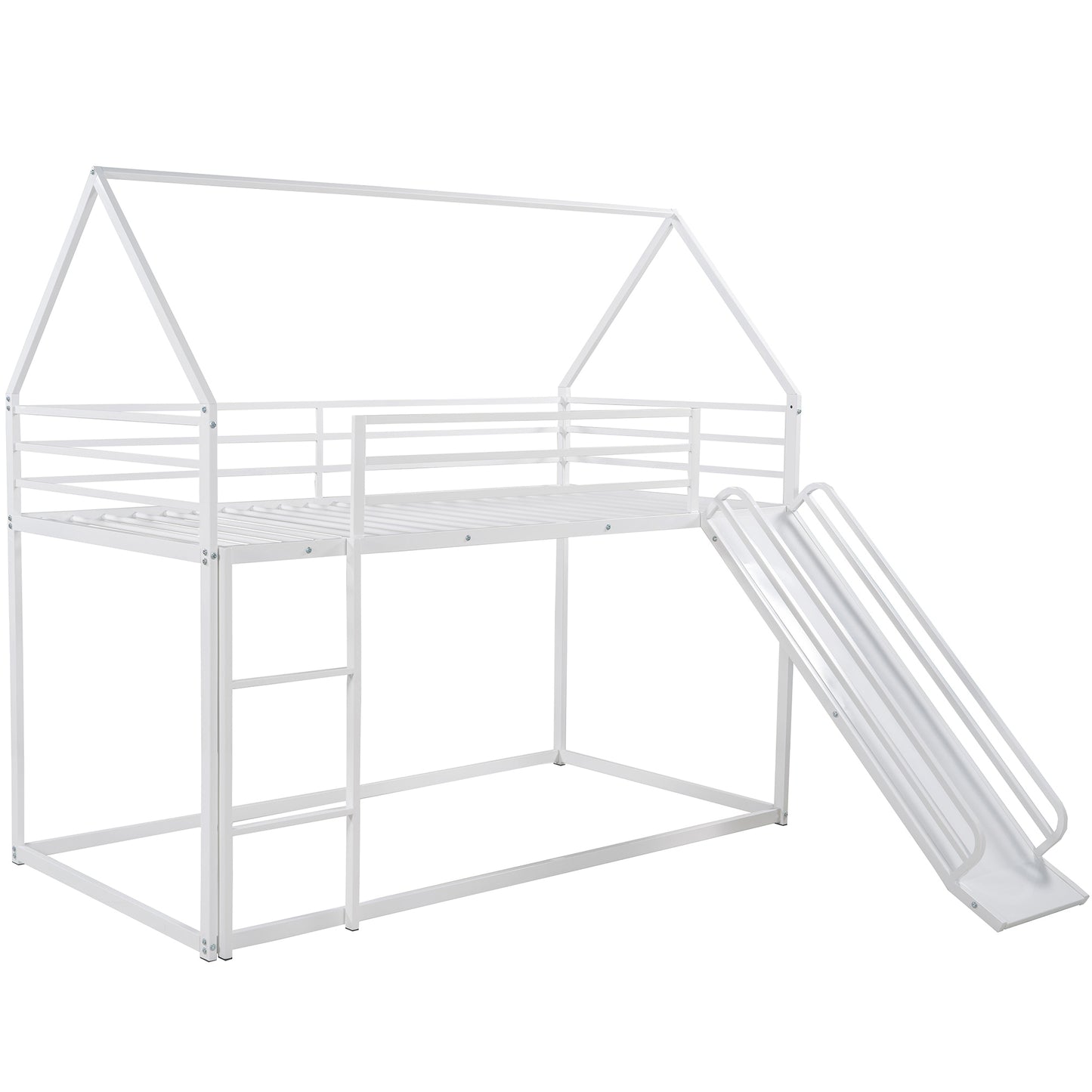 White Twin over Twin House Bunk Bed with Ladder, Slide, and Playhouse