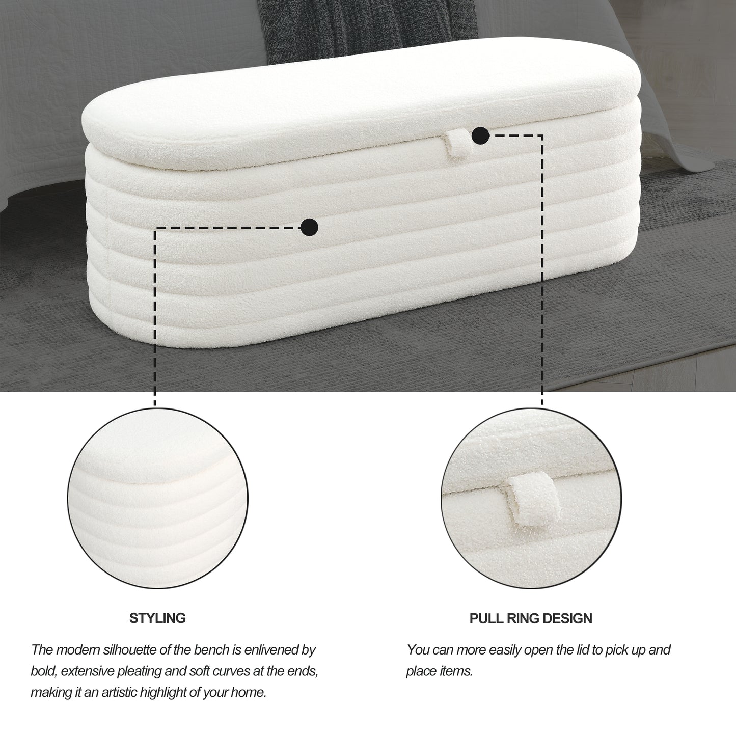 [Video] Welike Length 45.5 inchesStorage Ottoman Bench Upholstered Fabric Storage Bench End of Bed Stool with Safety Hinge for Bedroom, Living Room, Entryway,Teddy White (Ivory)