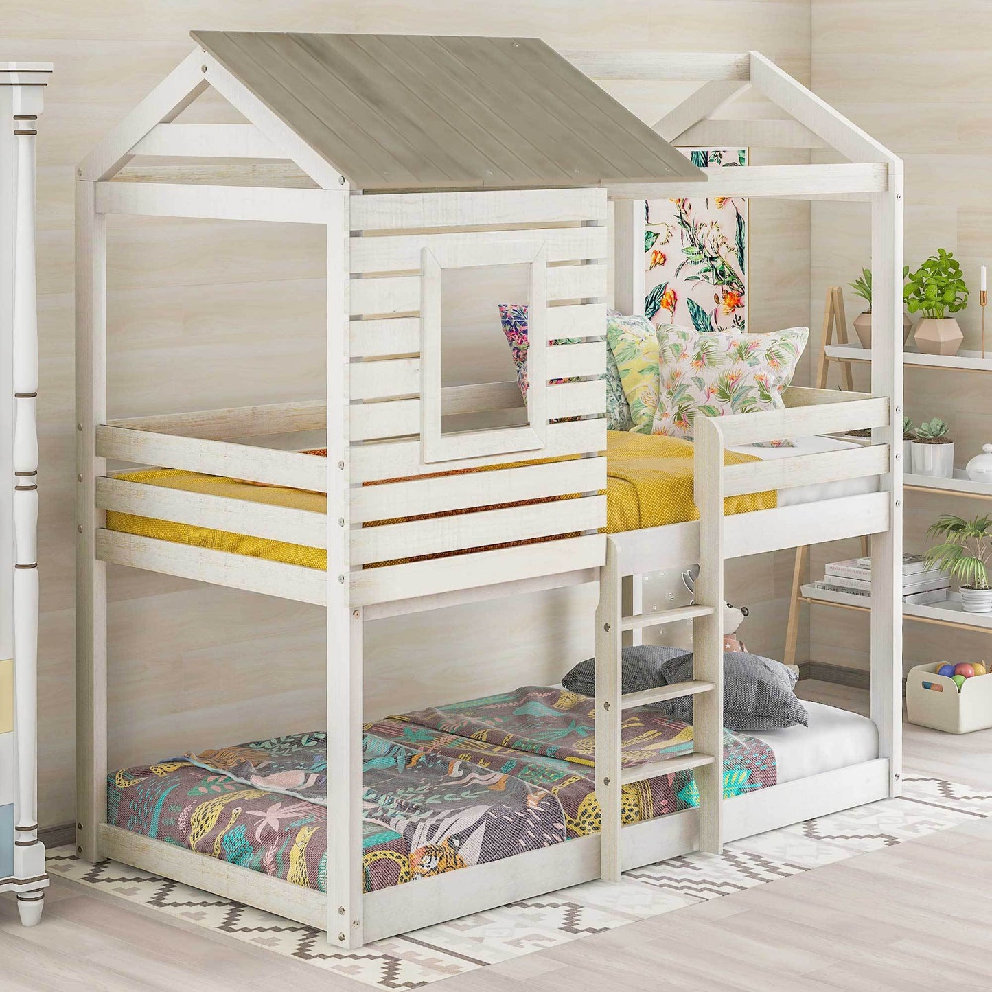 Roofed Wooden Playhouse-Inspired Twin Over Twin Bunk Bed with Window and Guardrail (Antique White)