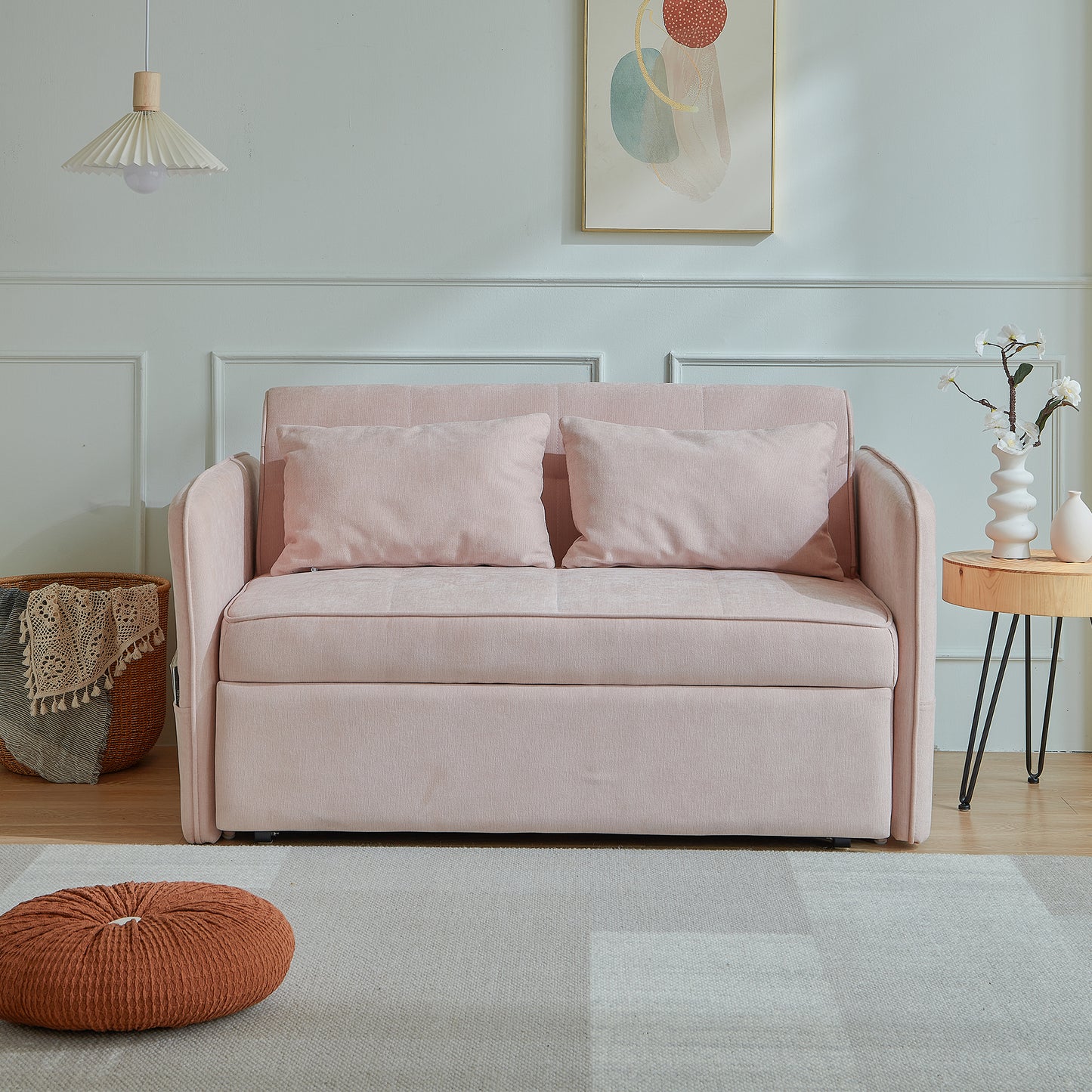 Chenille fabric pull-out sofa bed,sleeper loveseat couch with adjustable armrests-Pink