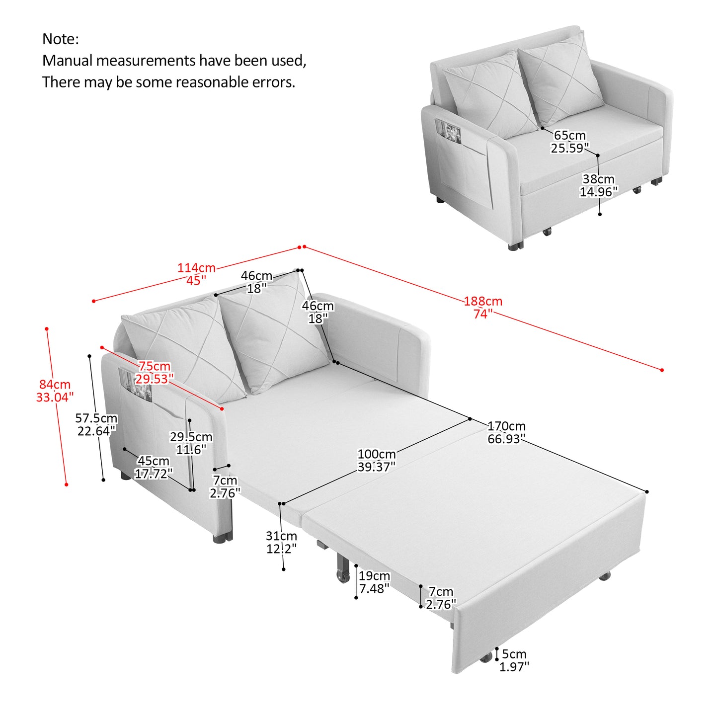 Modern Love Seat Futon Sofa Bed with Headboard,Linen Love seat Couch,Pull Out Sofa Bed With 2 Pillows & 2 Sides Pockets for Any Small Spaces