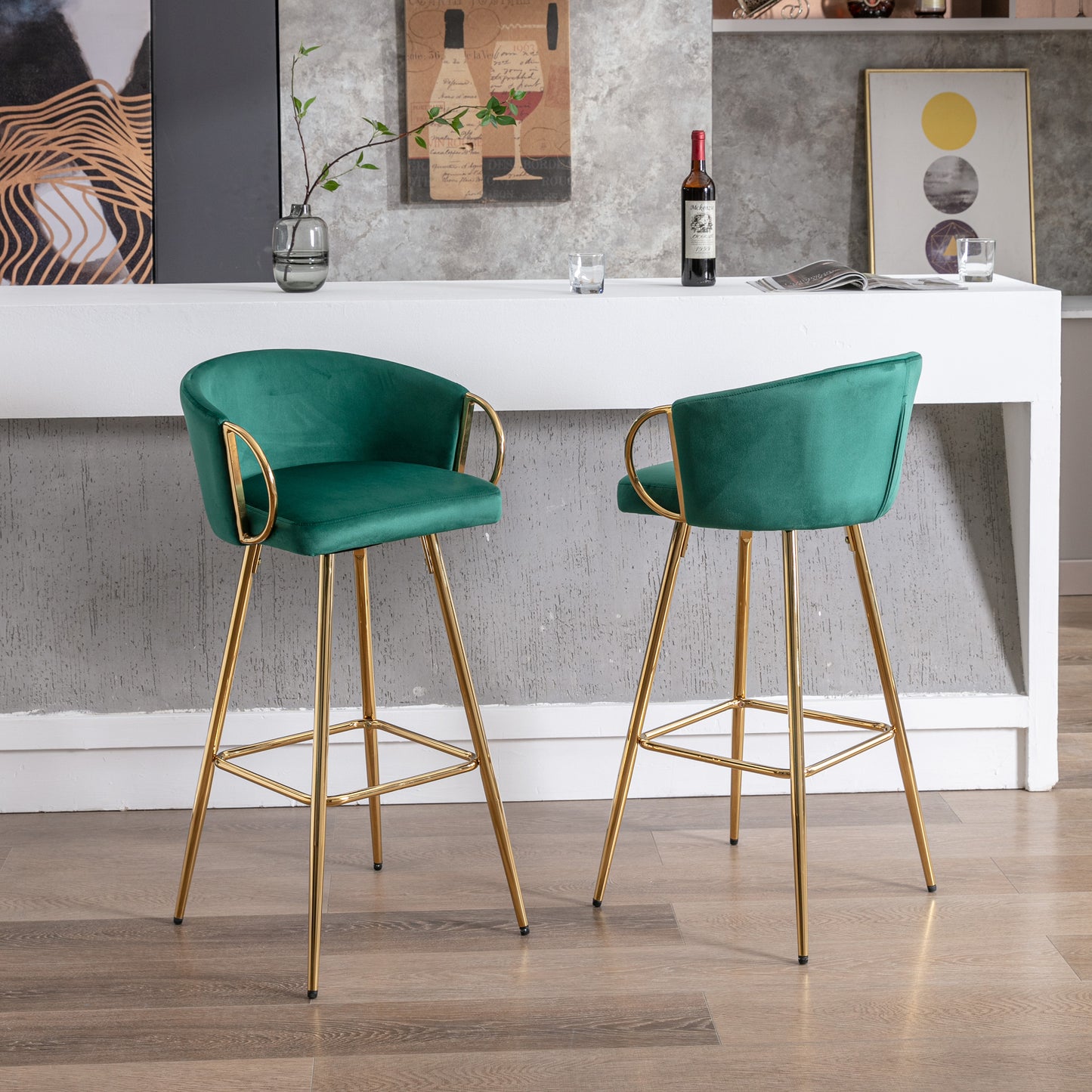 30 Inch Set of 2 Bar Stools,with Chrome Footrest and Base Velvet + Golden Leg Simple Bar Stool,GREEN