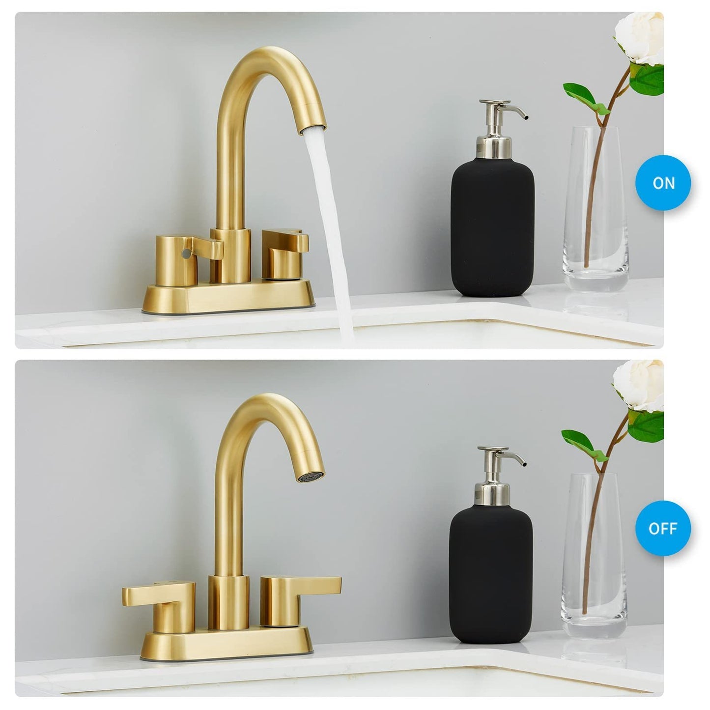 Gold Brushed 4-Inch Centerset Bathroom Faucet with Swivel Spout and 2 Handles