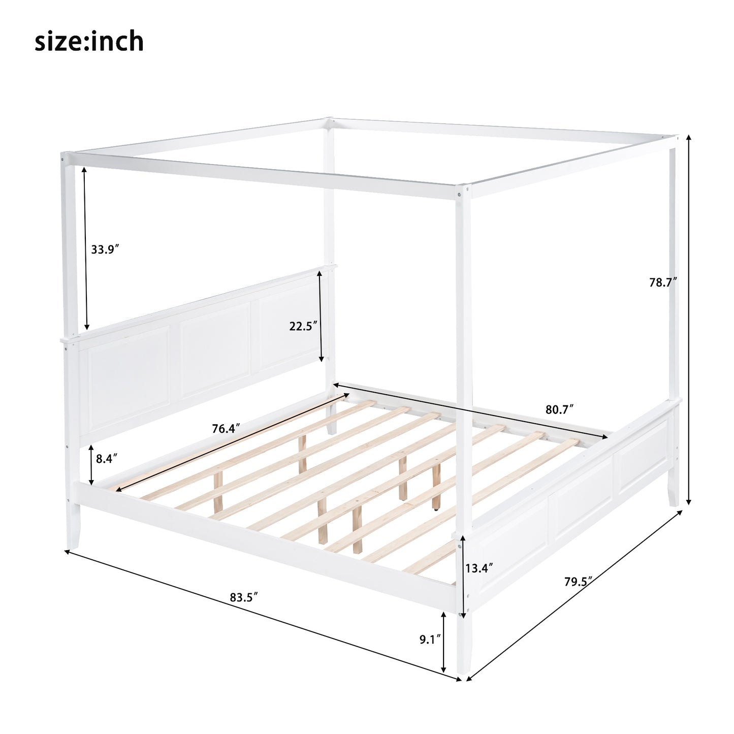 King Size Canopy Platform Bed with Headboard and Footboard,With Slat Support Leg, White