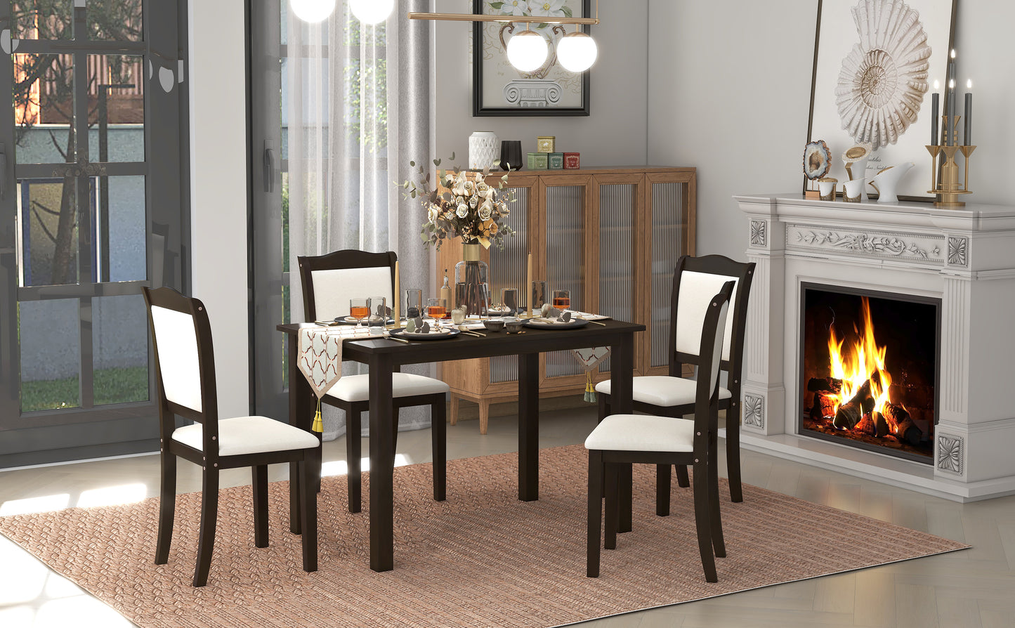 TREXM 5-Piece Wood Dining Table Set Simple Style Kitchen Dining Set Rectangular Table with Upholstered Chairs for Limited Space (Espresso)