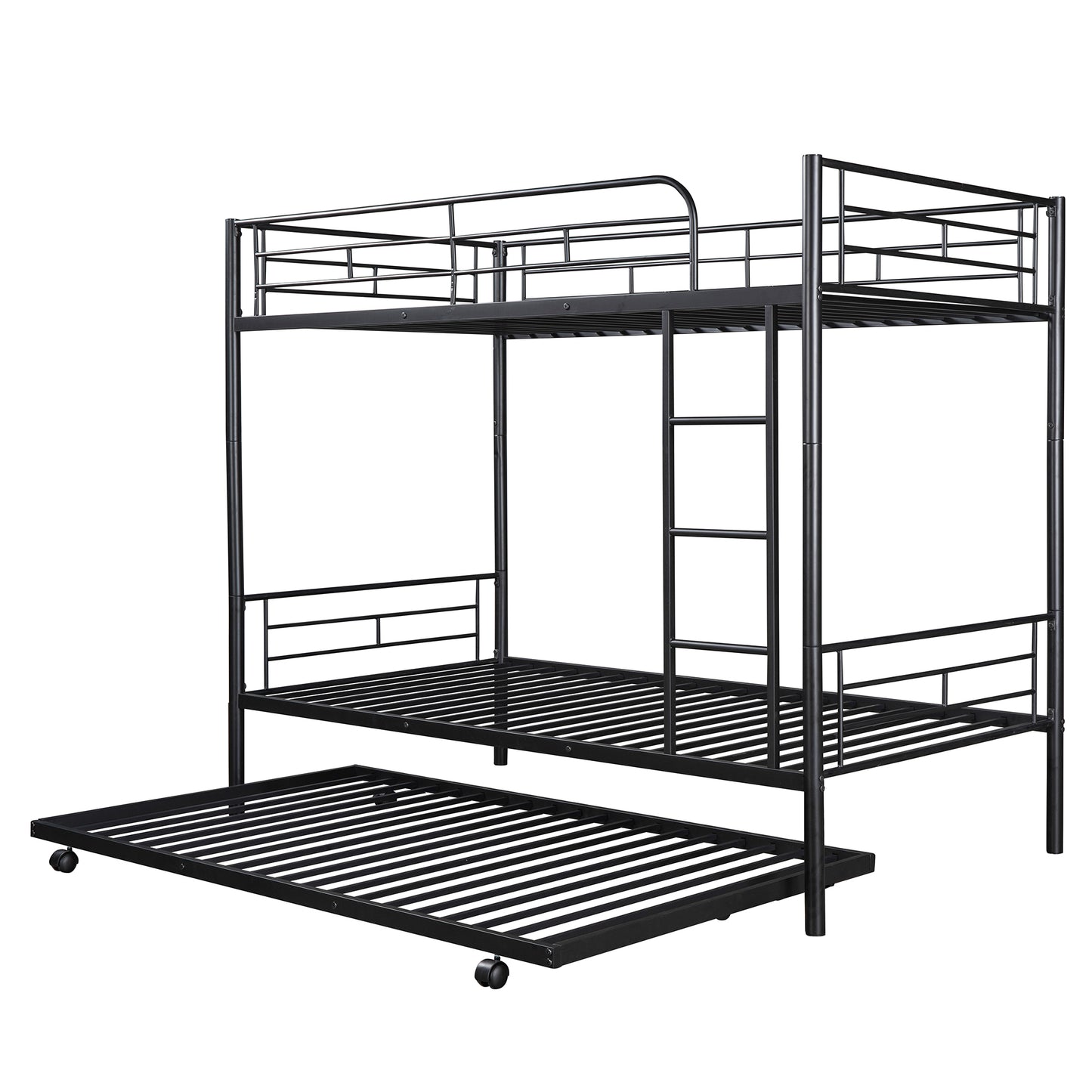 Metal Bunk Bed with Twin Trundle, Convertible Twin-Over-Twin, Black